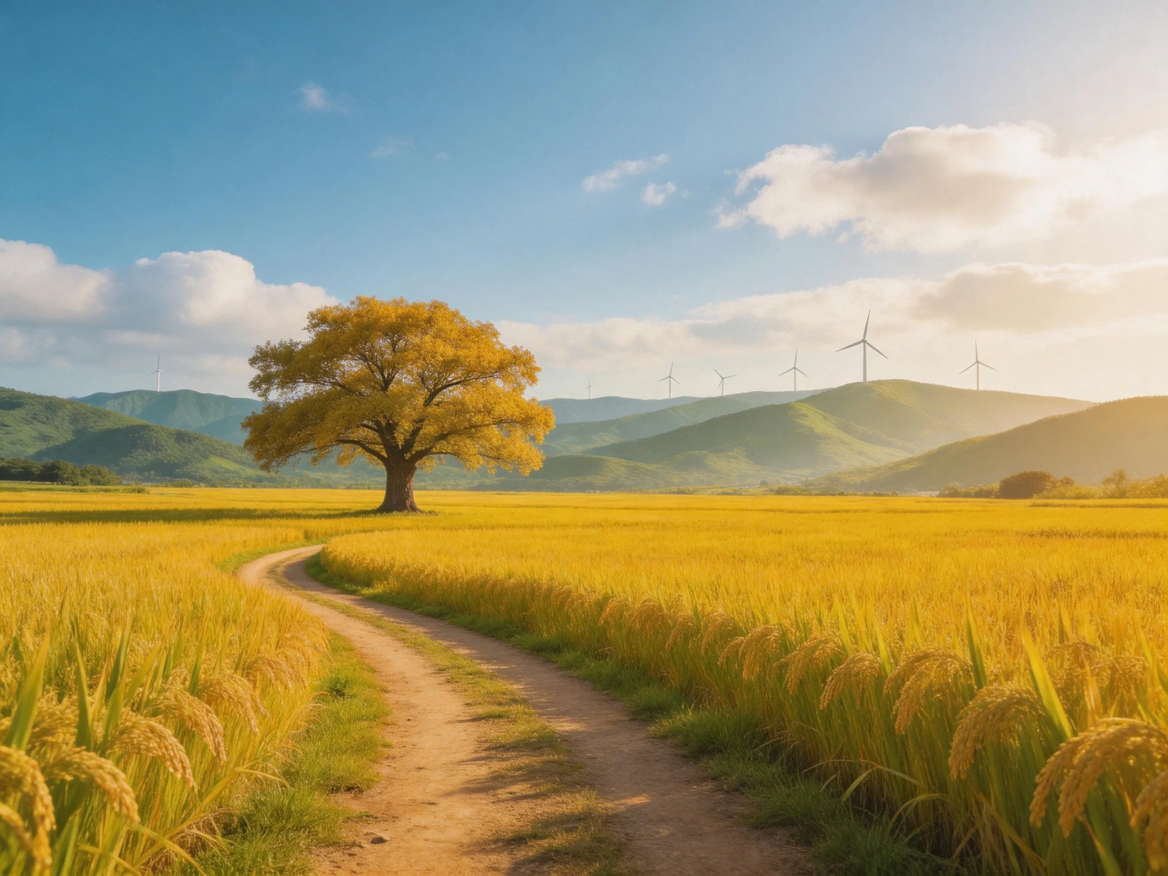 Golden field with lone tree, winding dirt path, distant wind turbines
