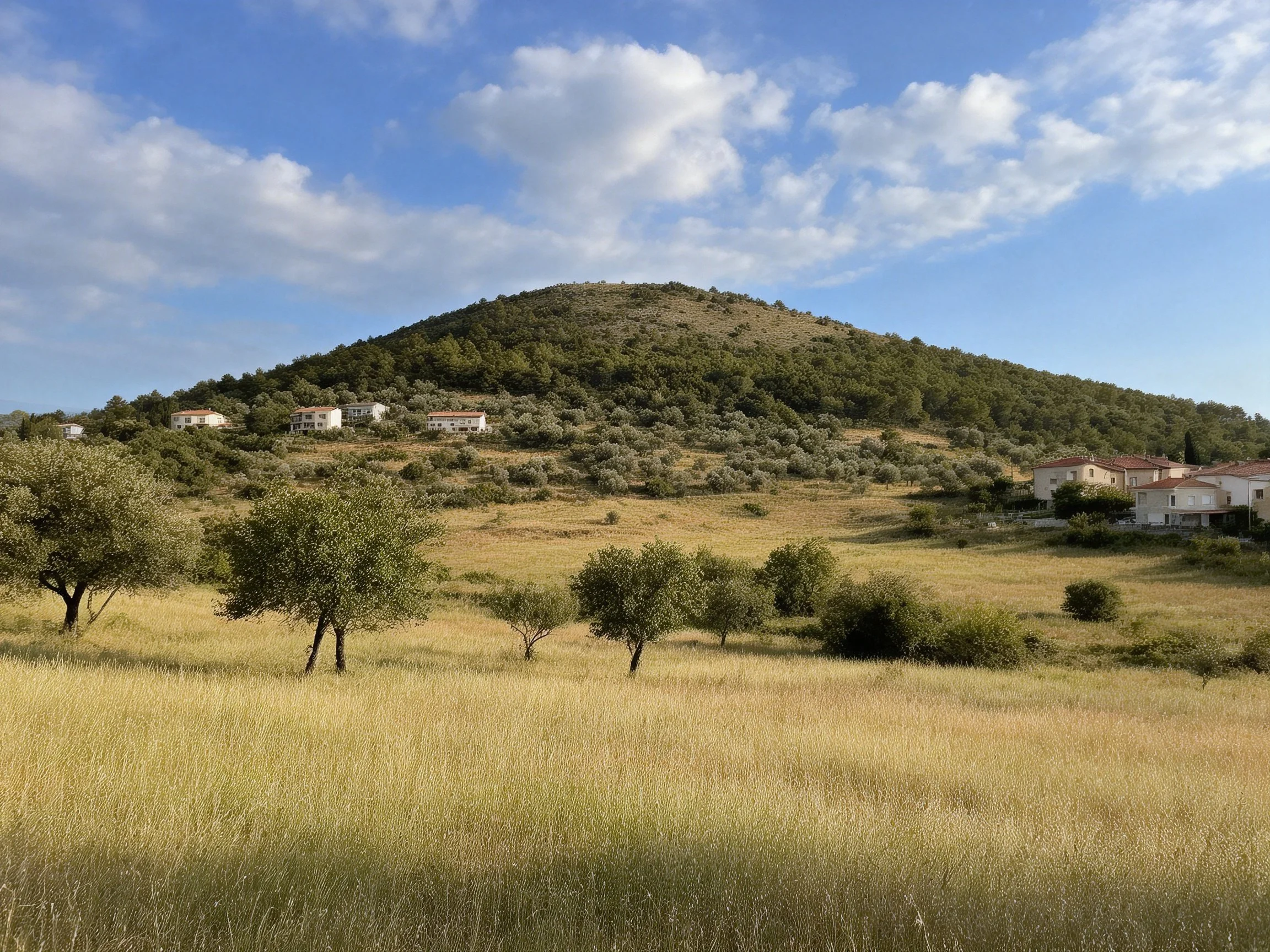 Golden field with scattered trees near forested hill and homes