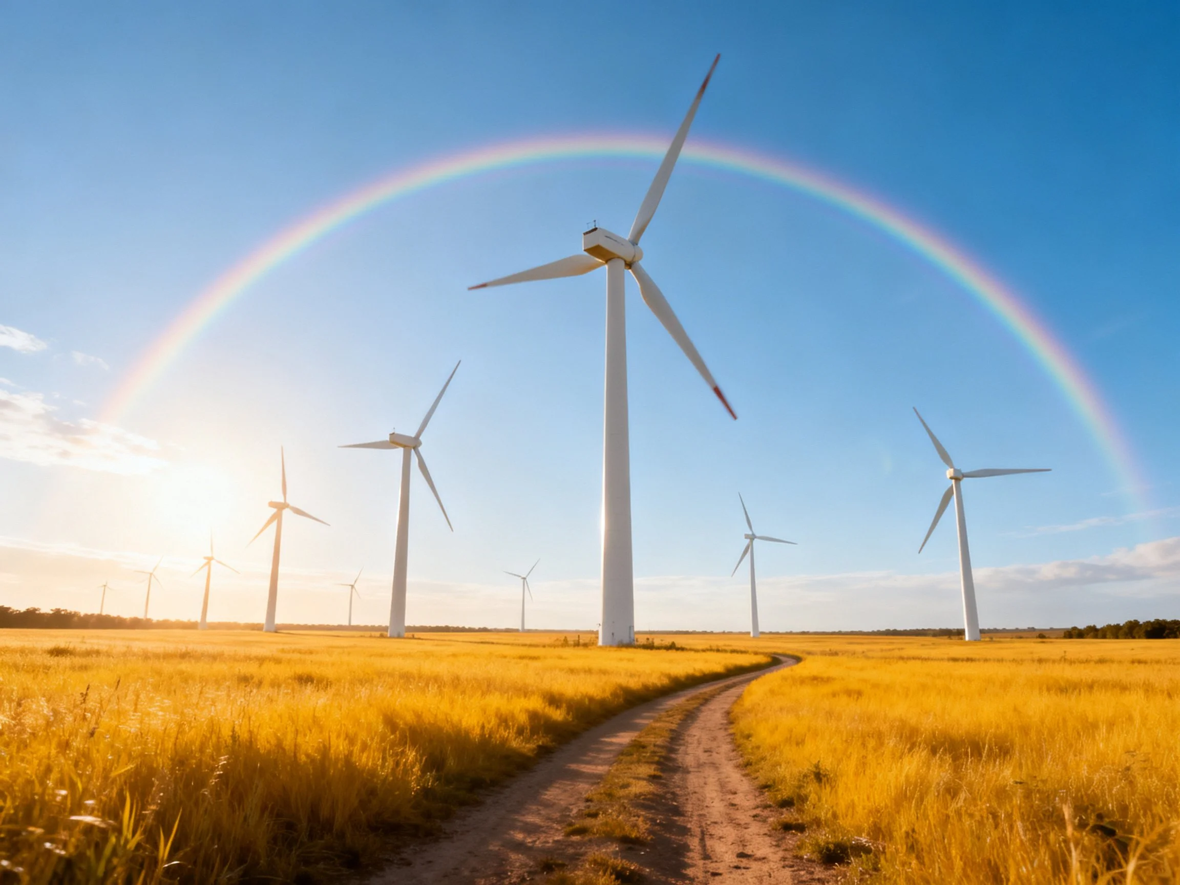Golden field with white wind turbines and a bright rainbow arc