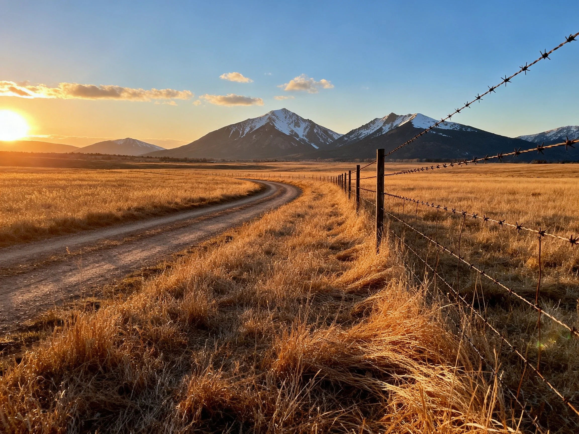 Golden field with winding dirt road and snow-capped mountains at sunset
