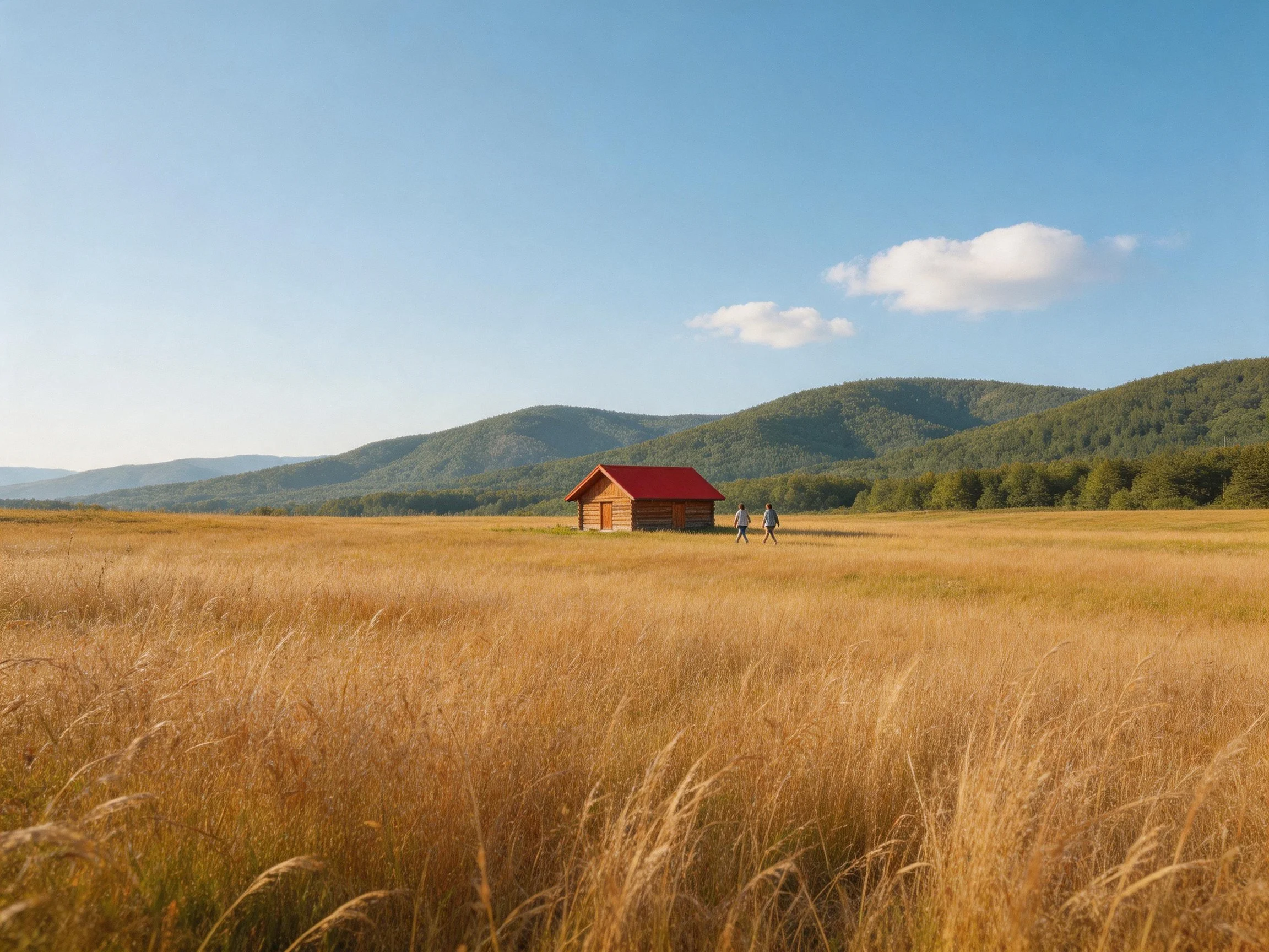 Golden field with wooden cabin, red roof, distant green mountains