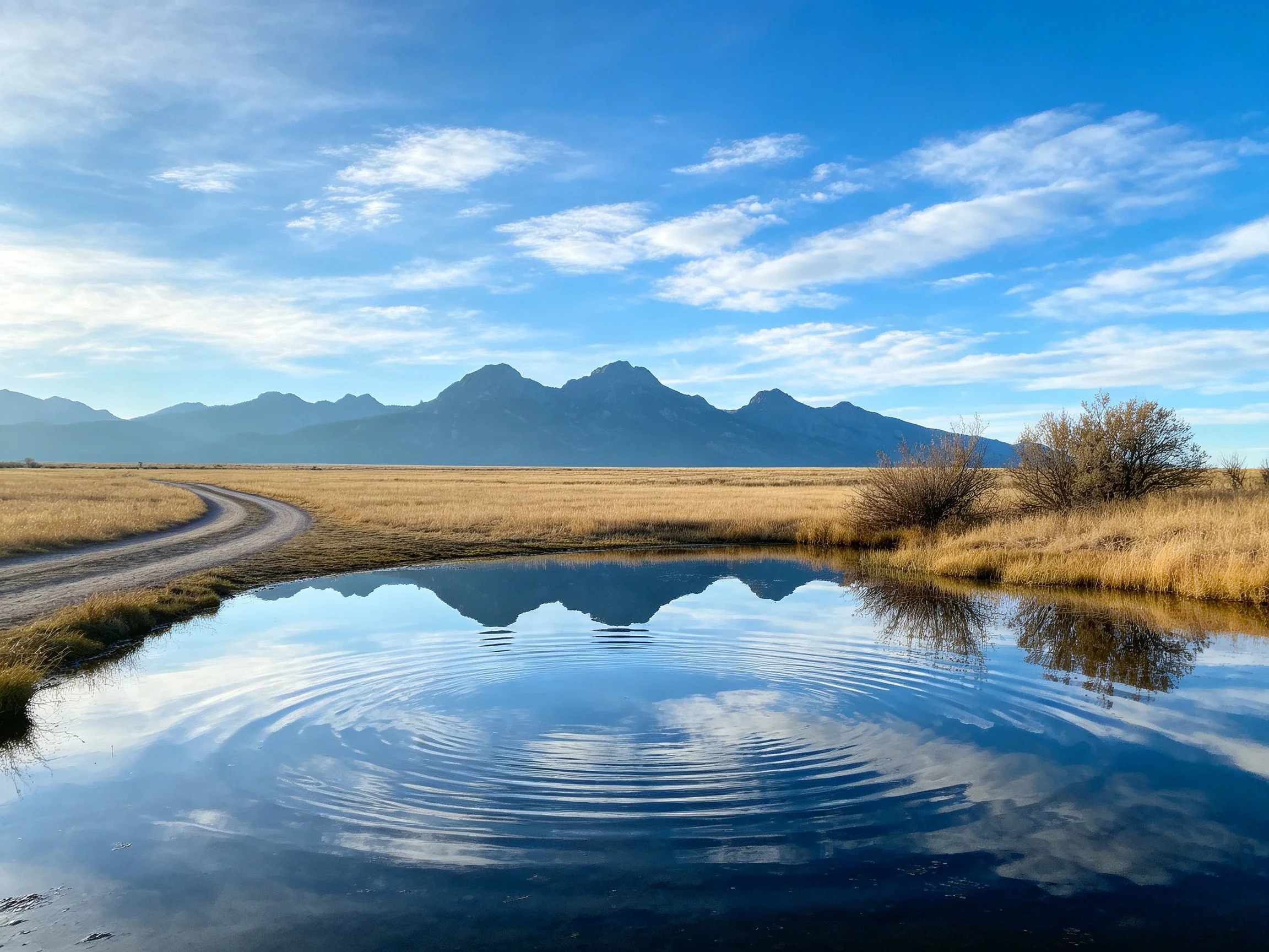 Golden fields, reflective water, and distant mountain peaks