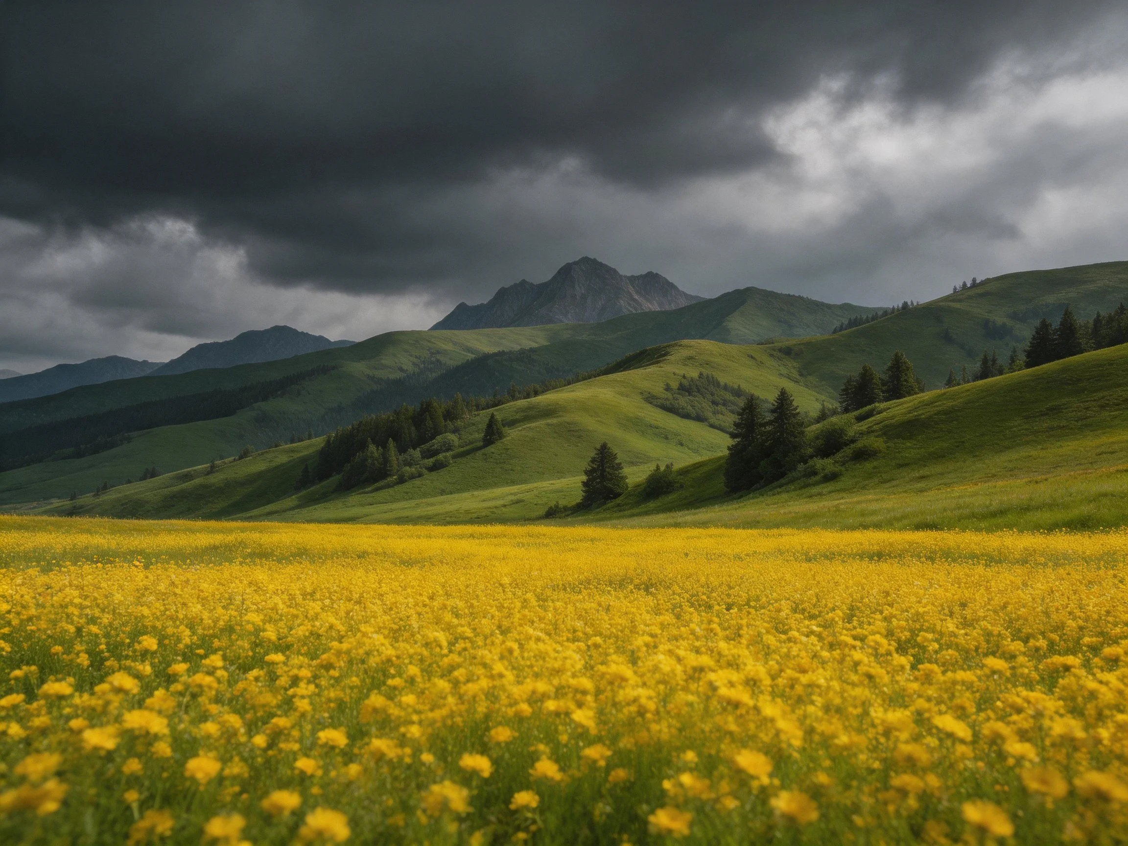 Golden flower field amid green hills under stormy sky