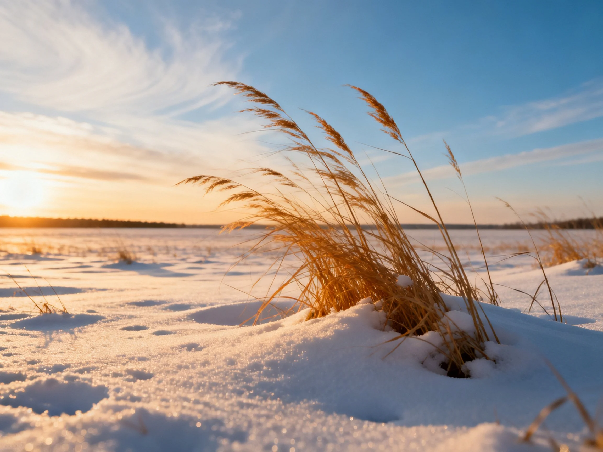 Golden grasses emerging from snow-covered landscape under clear blue sky