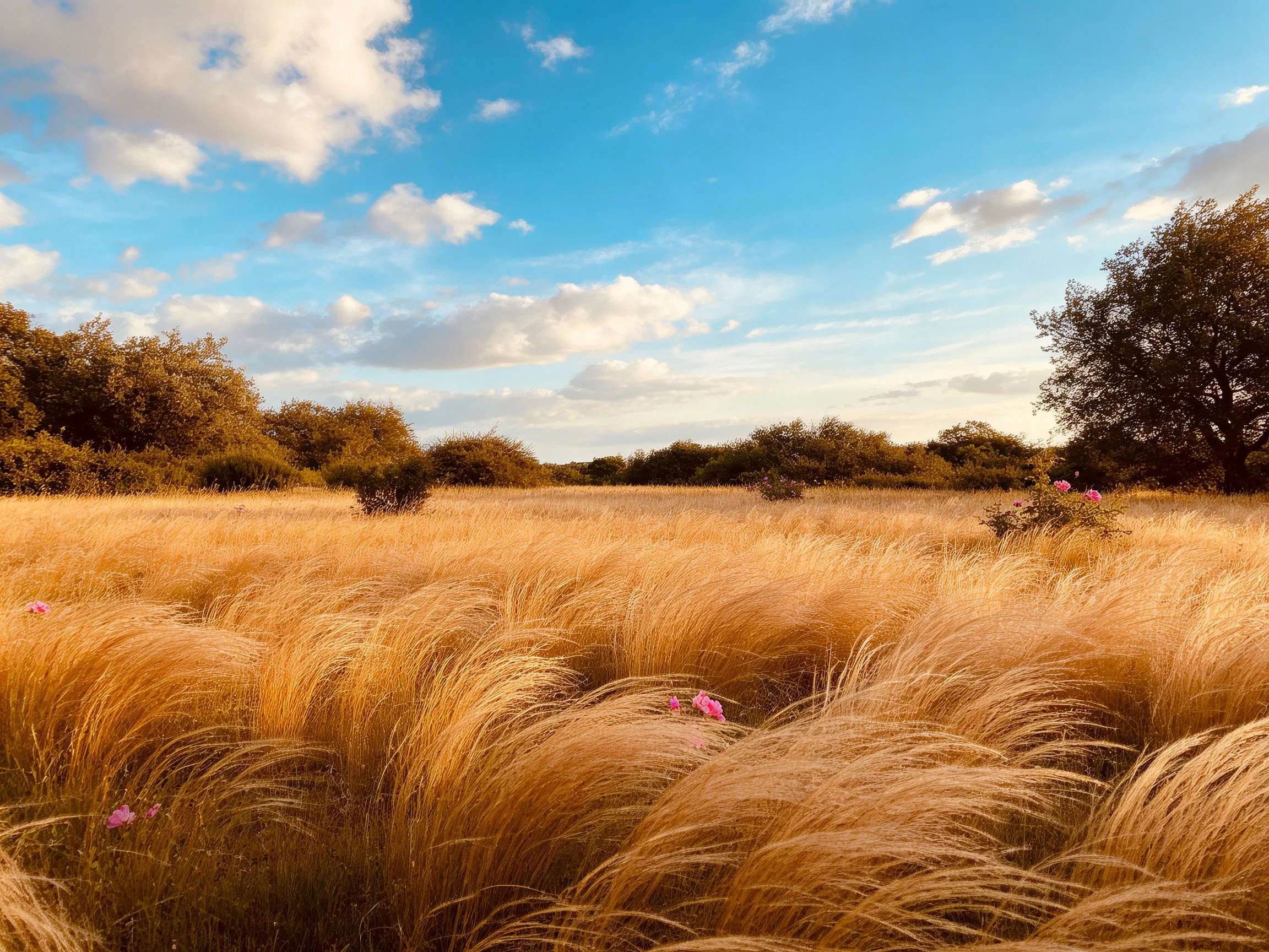 Golden grasses sway beneath a bright blue sky with scattered clouds
