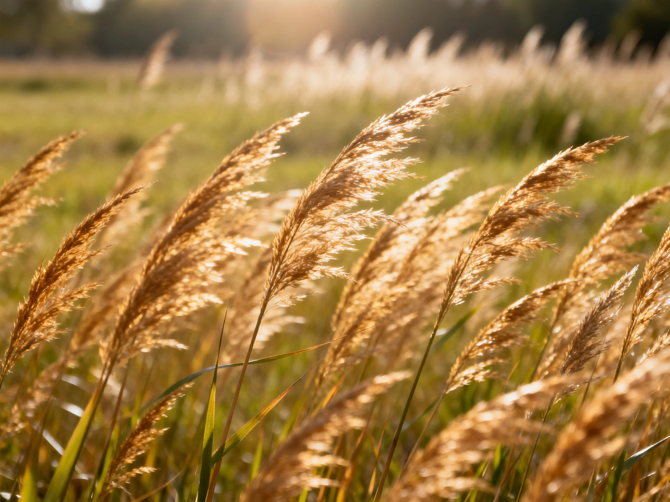Golden grasses sway in sunlit meadow