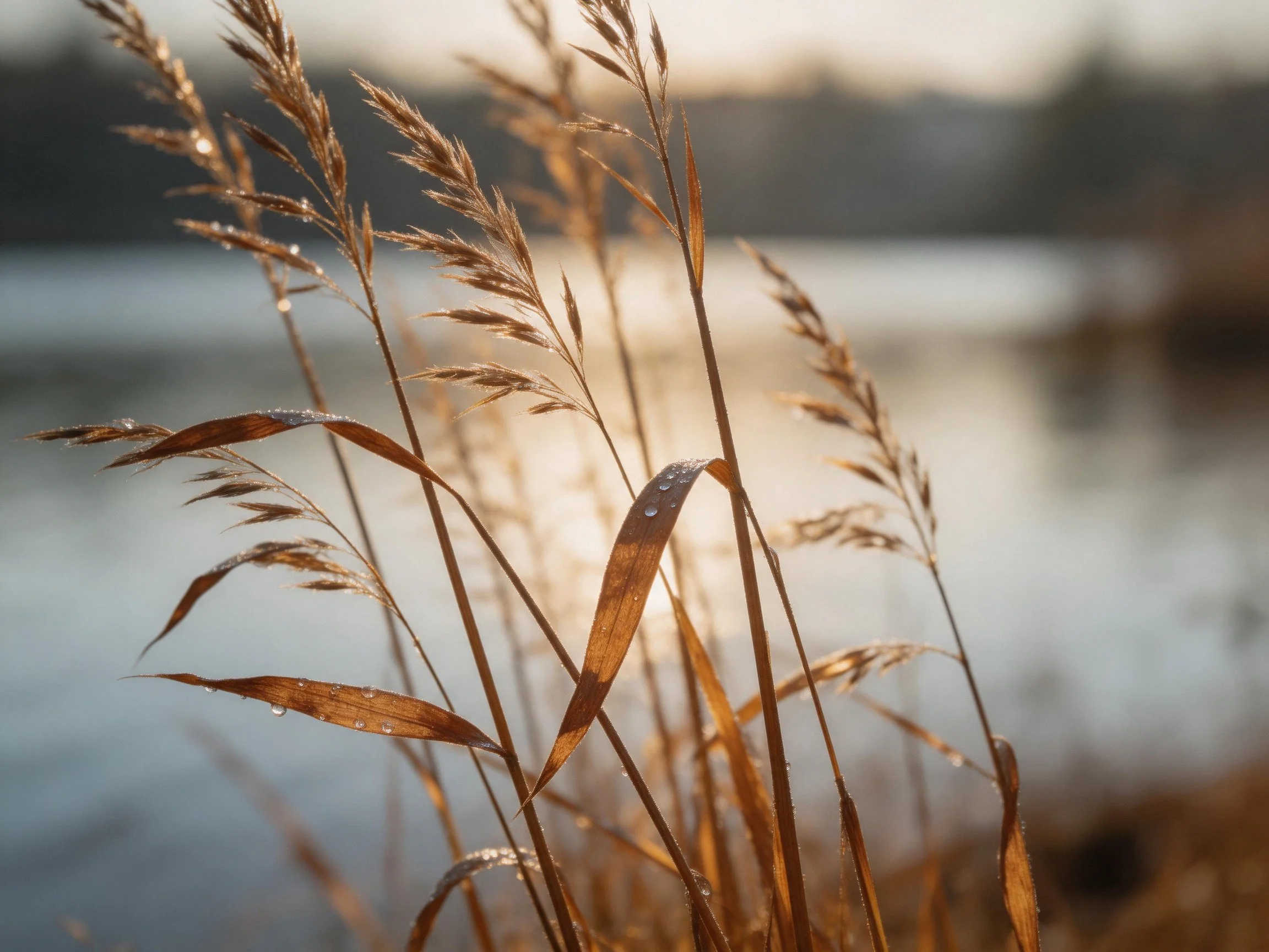 Golden grasses with dewdrops beside calm waters under soft light