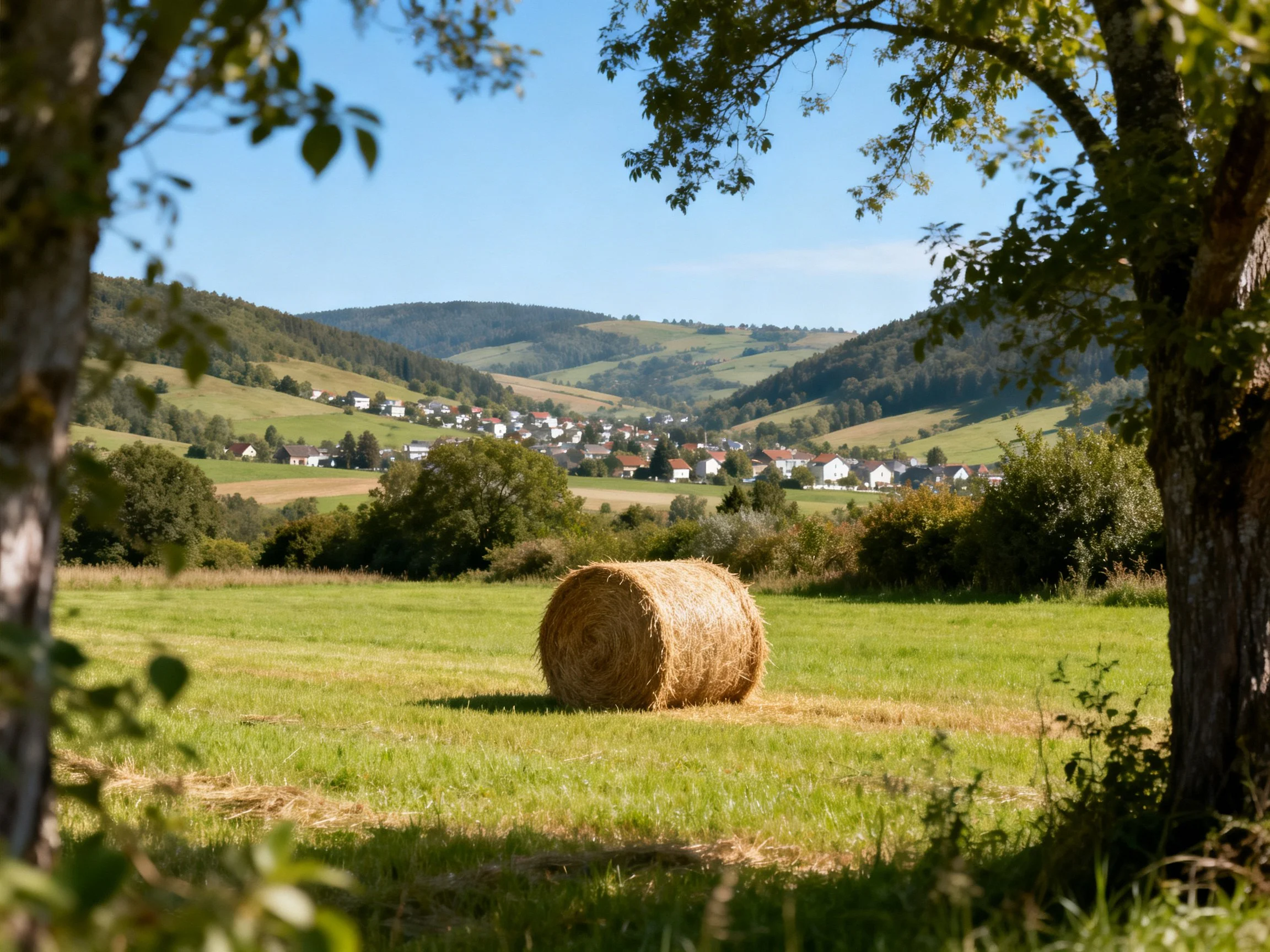 Golden hay bale in a lush green field with distant village and hills