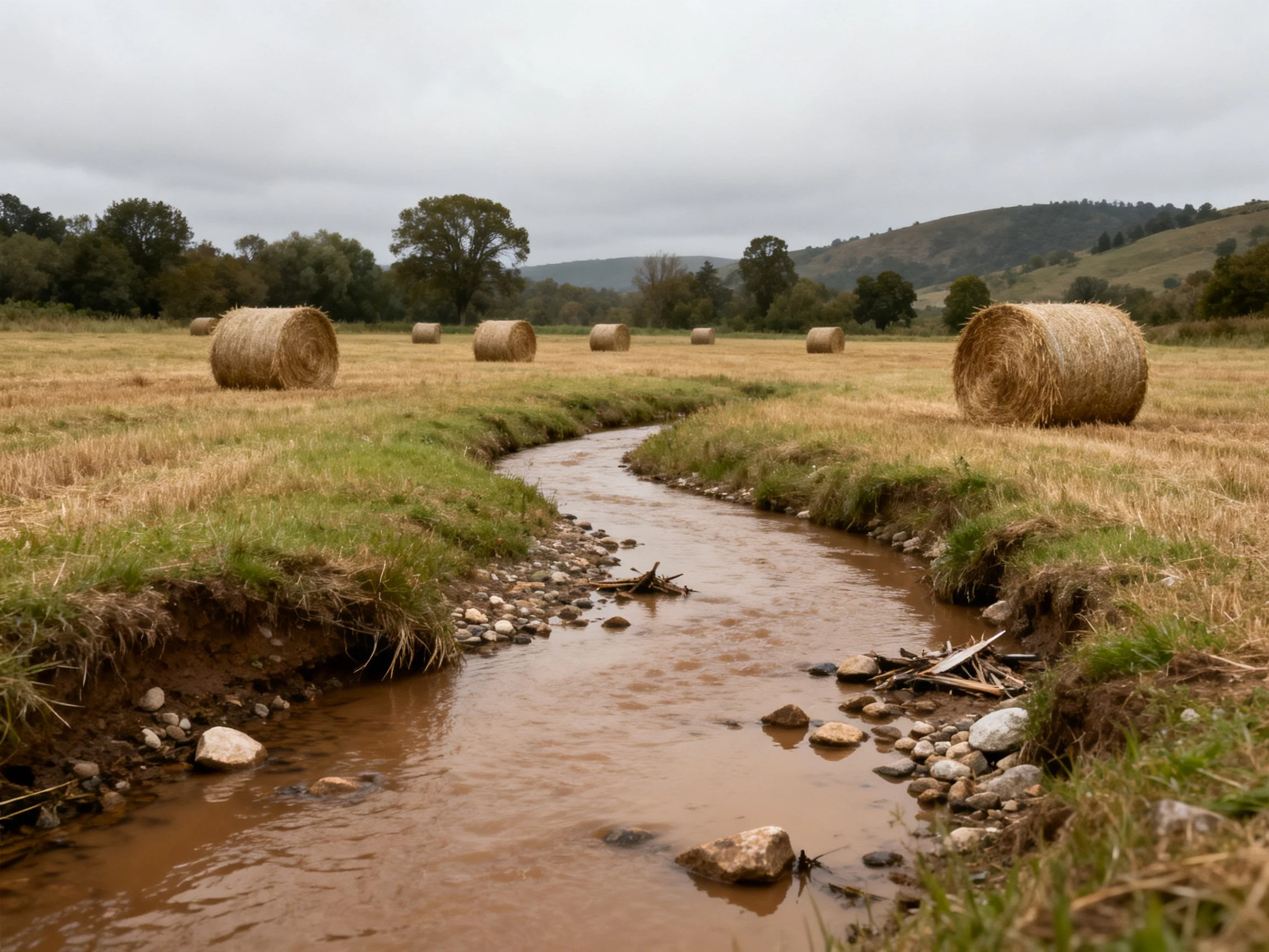 Golden hay bales by a winding muddy stream
