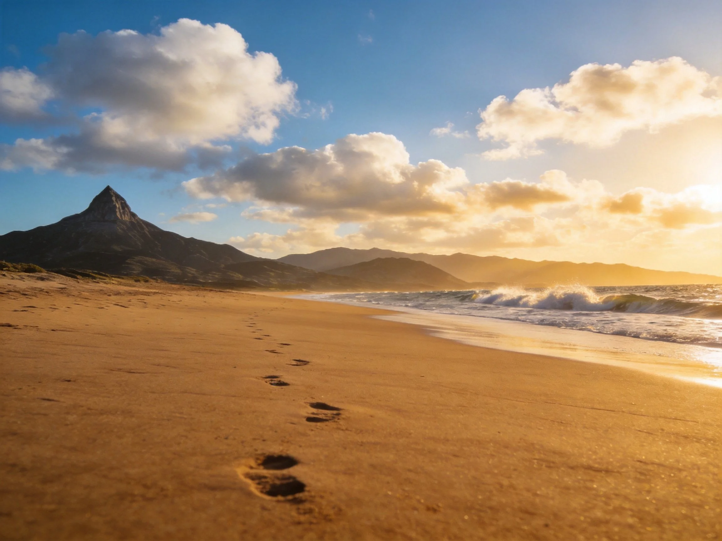 Golden-hour beach with footprints, ocean waves, and mountain backdrop