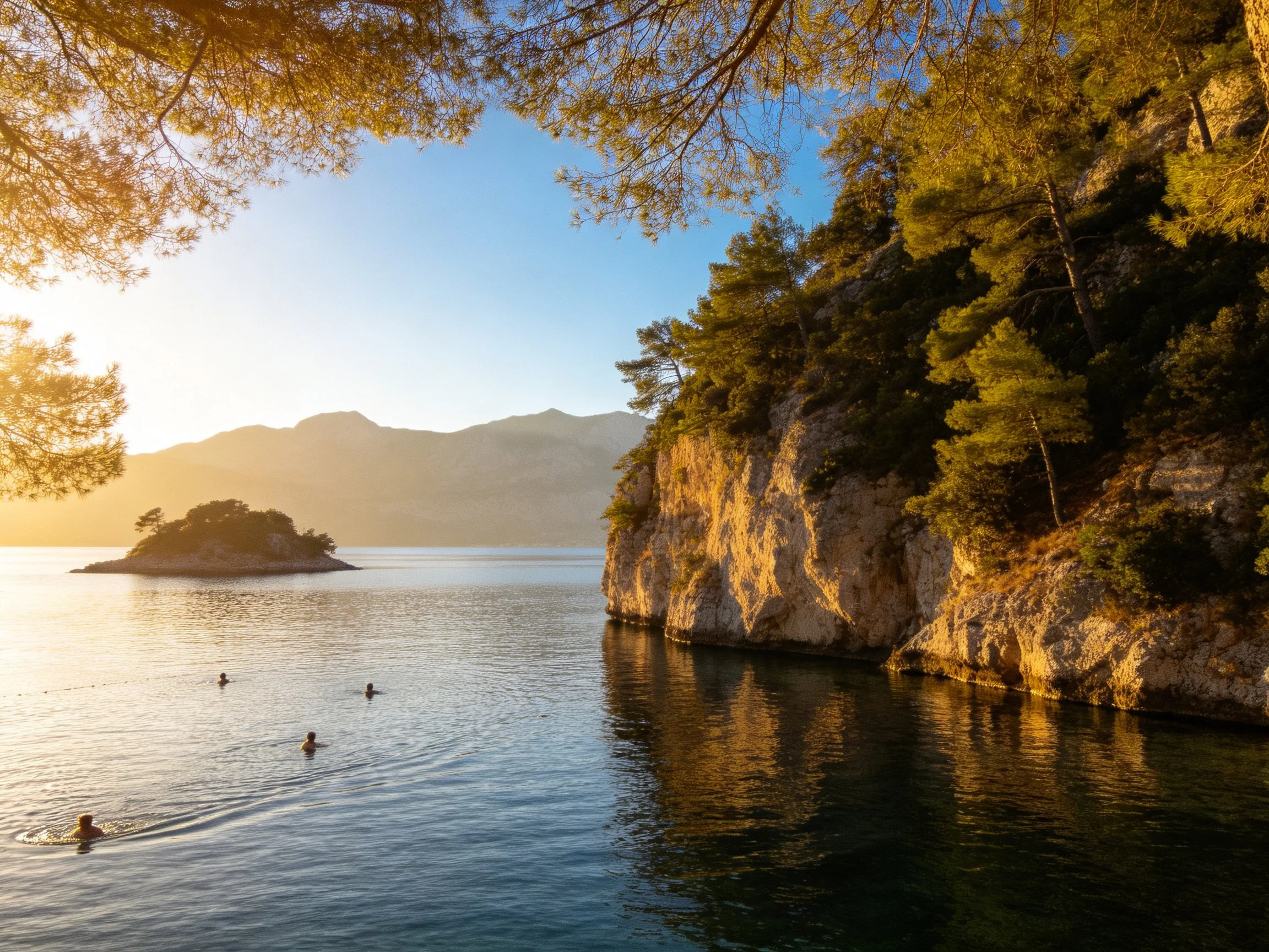 Golden-hour coastal cliffs with swimmers and distant island