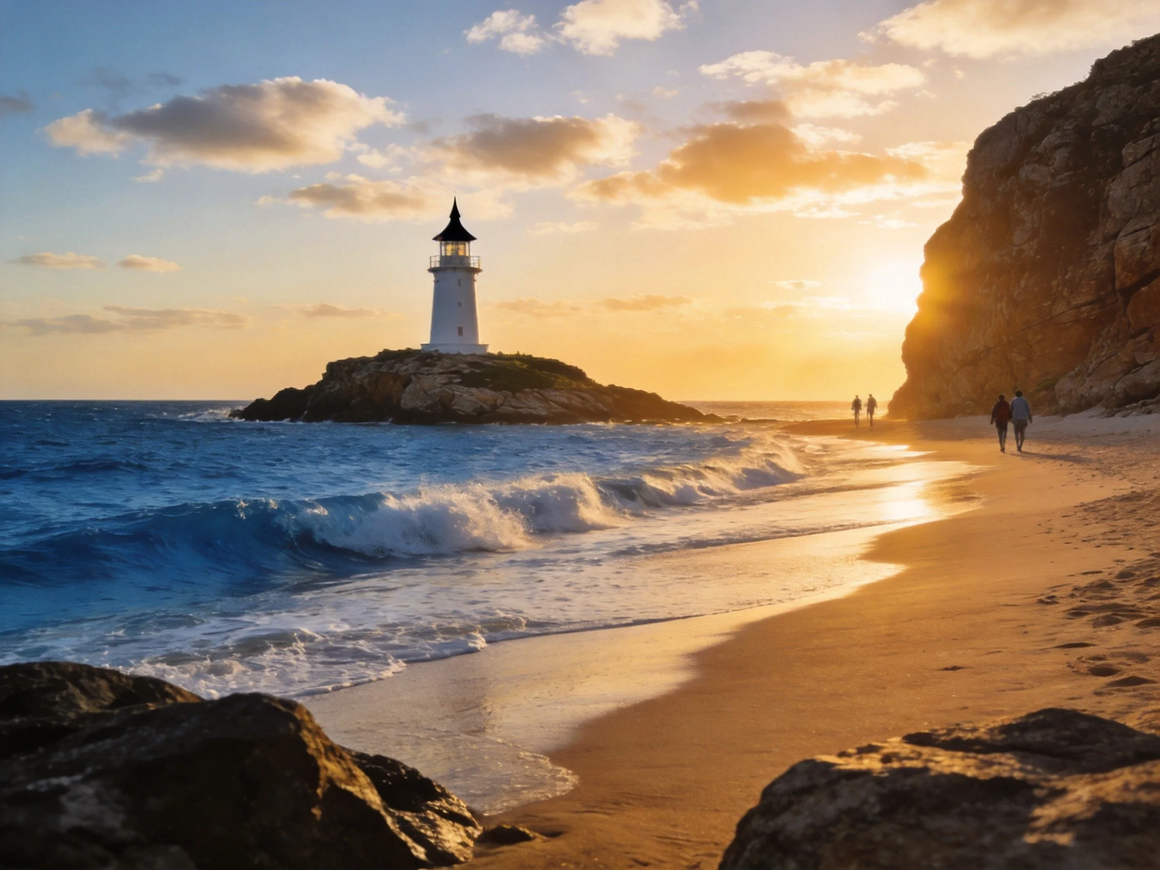 Golden-hour coastal view with lighthouse and sandy beach