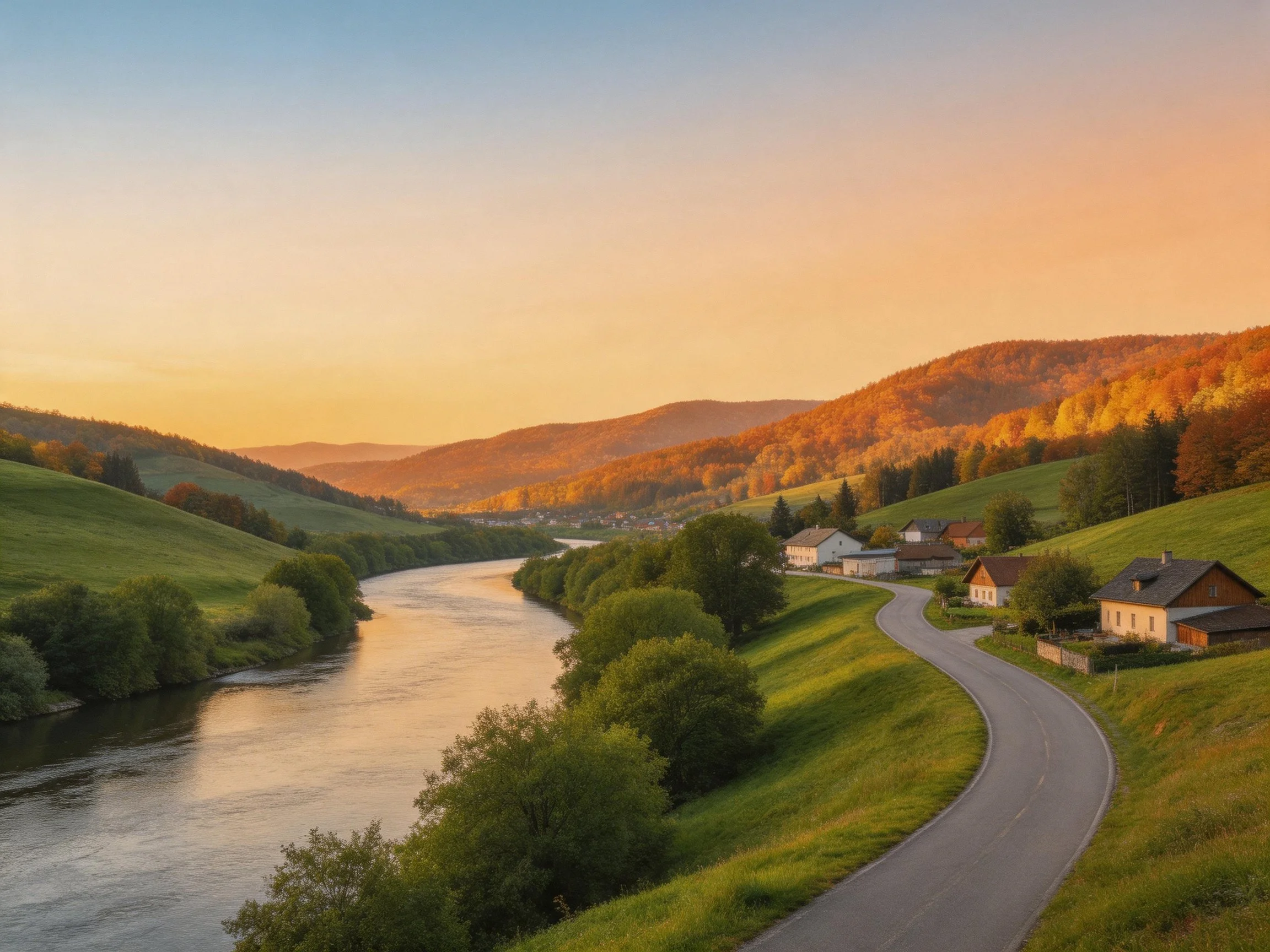 Golden-hour landscape with winding river, green hills, and rustic homes