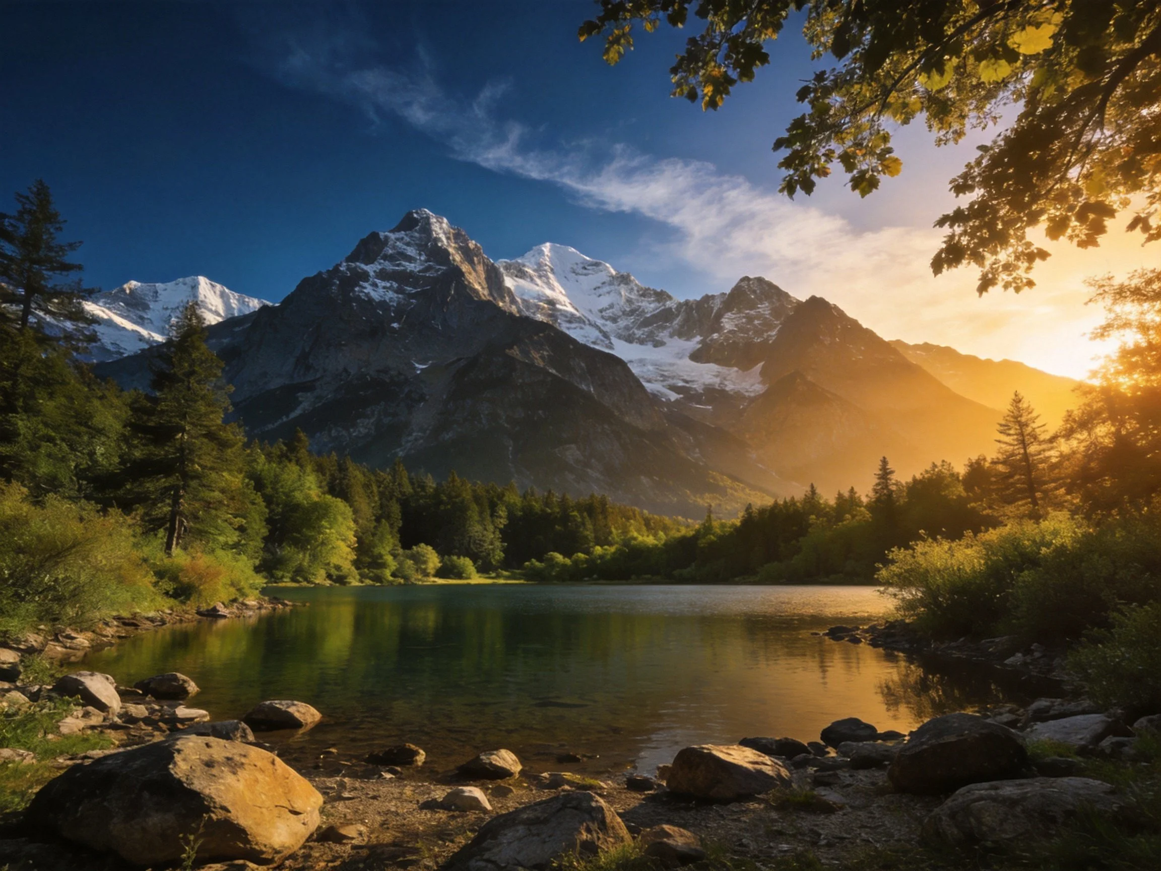 Golden-hour light highlights snow-capped mountains over a peaceful lake
