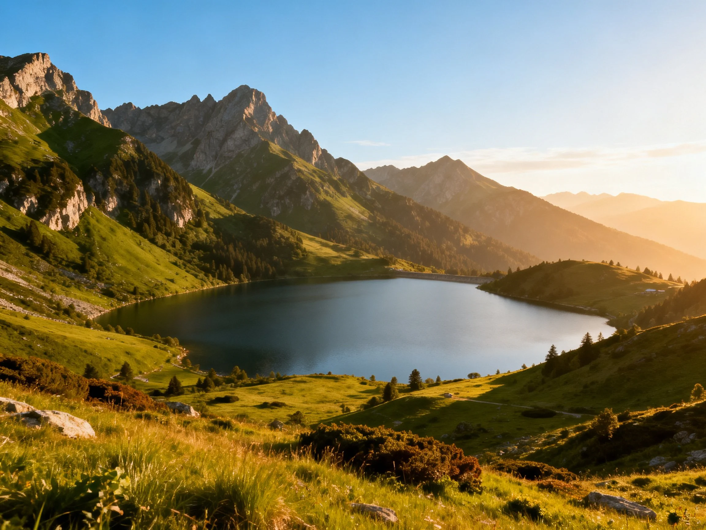 Golden-hour light illuminates a serene alpine lake among rugged mountain peaks.