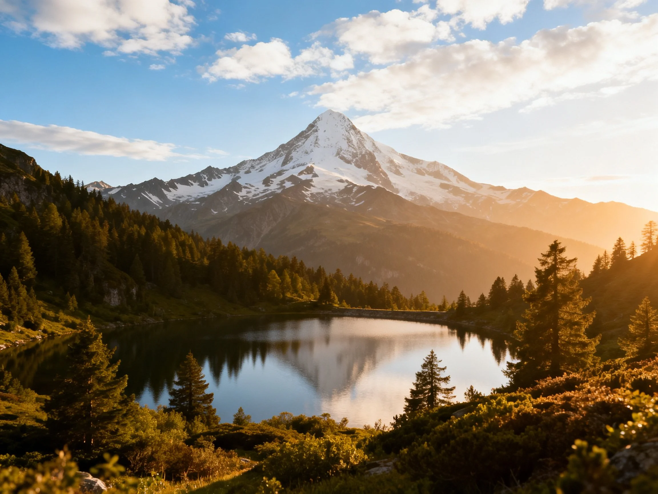 Golden - hour light illuminates snow - capped mountain over serene lake