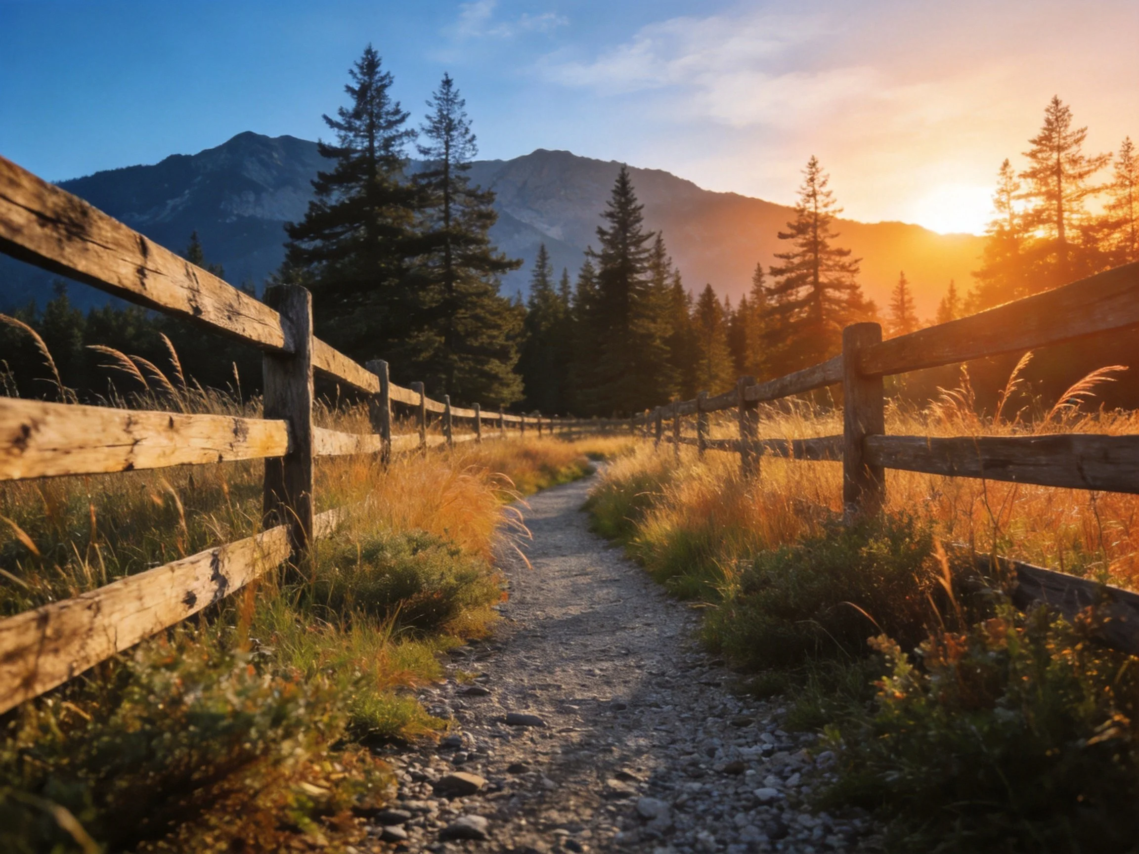 Golden-hour mountain path bordered by rustic wooden fences