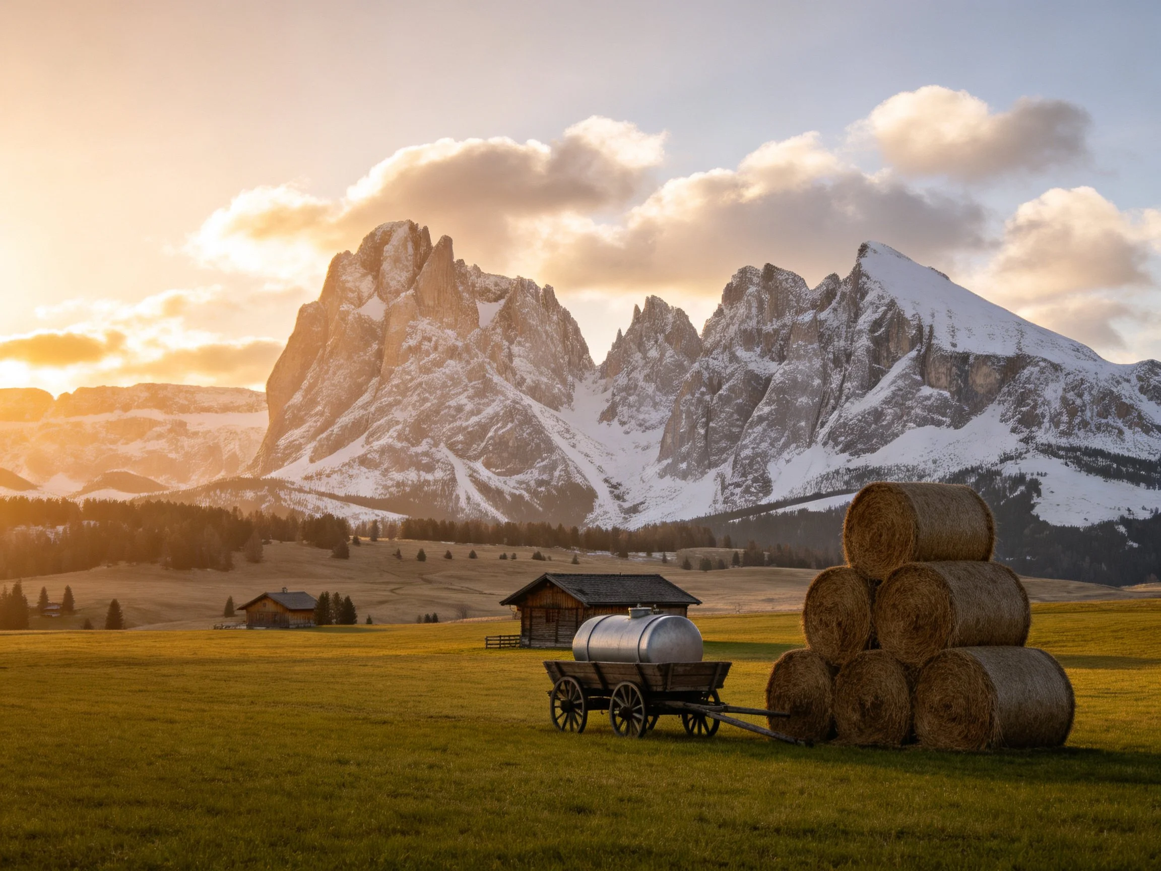 Golden-hour mountain valley with hay bales and a cart