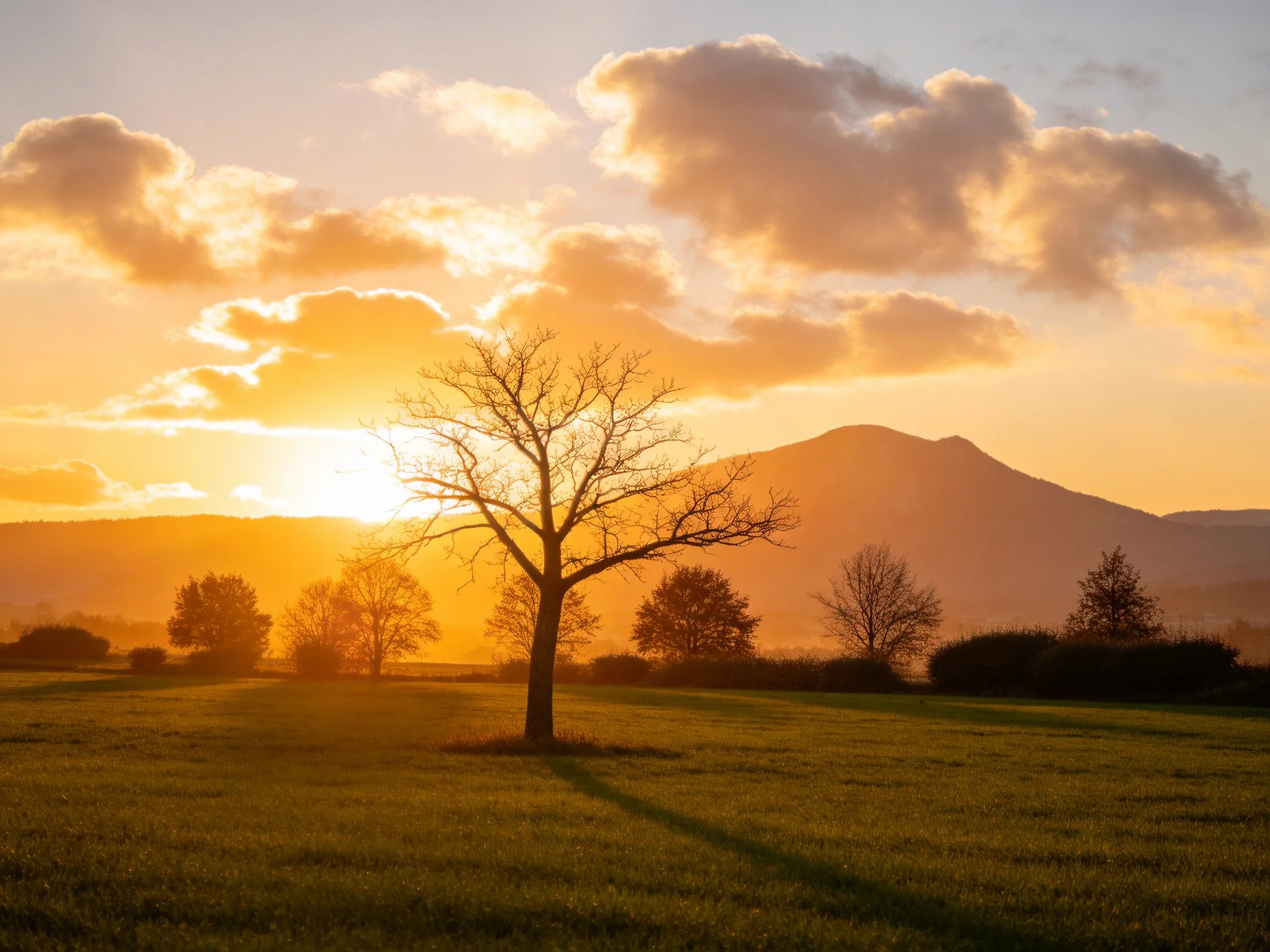 Golden-hour sunset over a field with a central tree and distant mountains