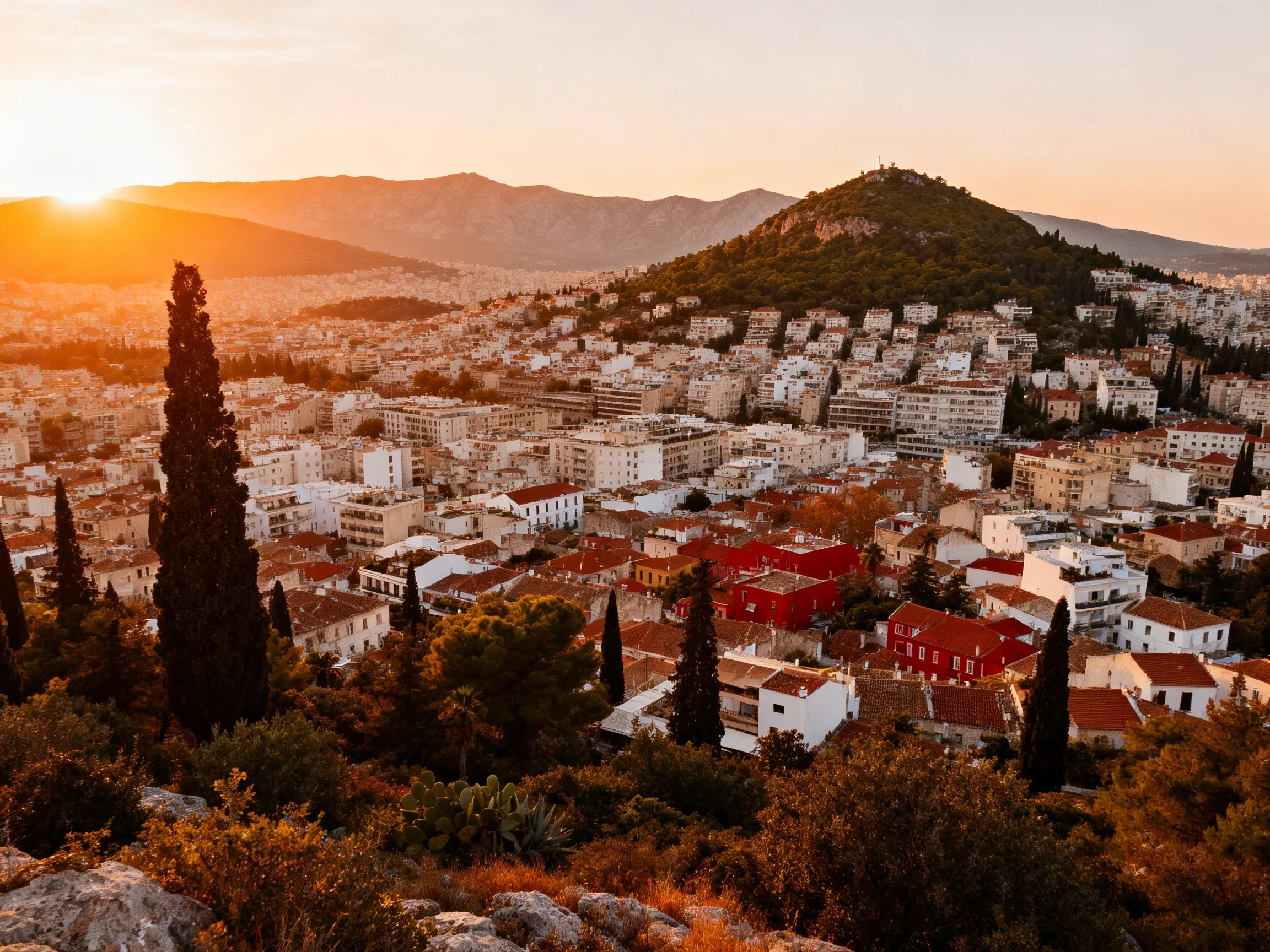 Golden-hour sunset over densely built city with red-roofed structures and forested hilltop