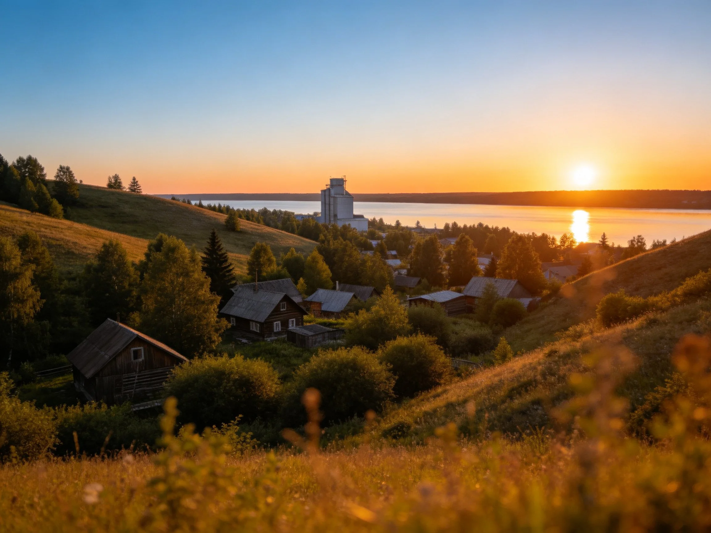 Golden-hour view of rural village with lake and industrial tower