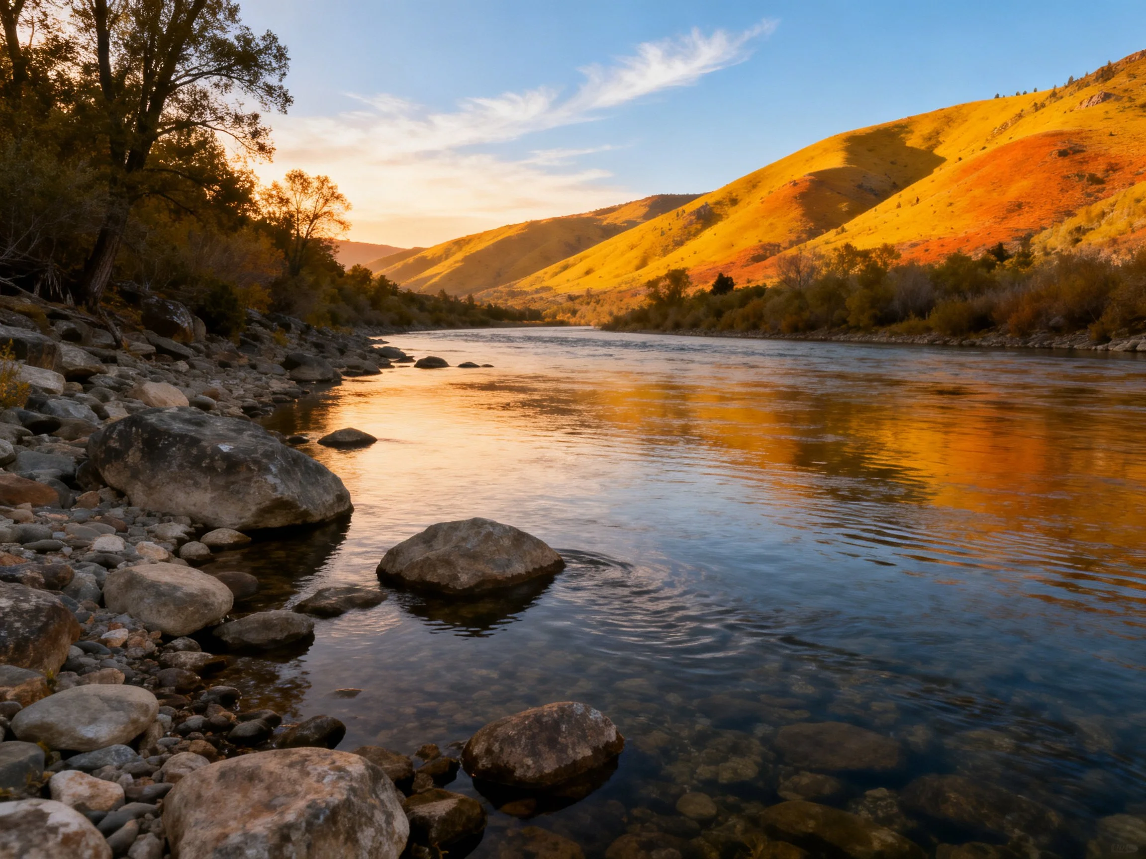 Golden-hued hills reflect on calm river with rocky shoreline