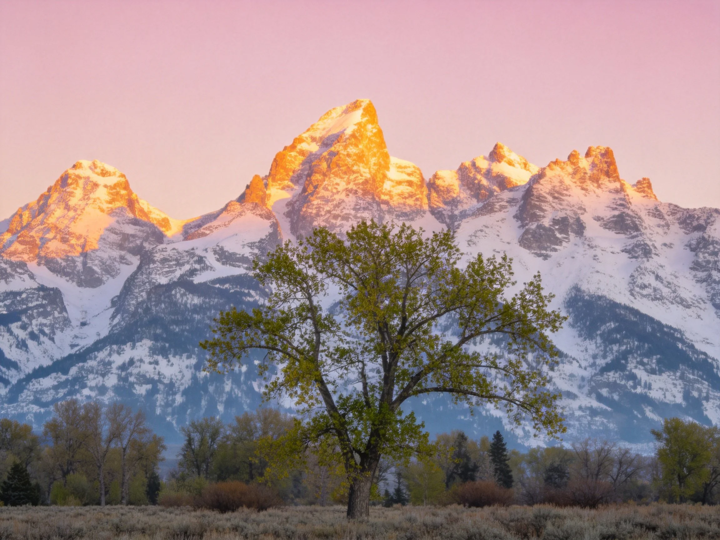Golden-hued mountain peaks with snow and a lone green tree