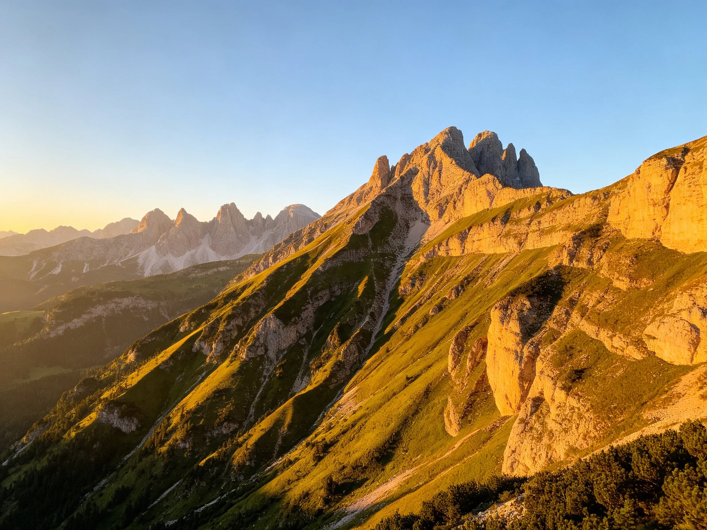 Golden-hued mountain peaks with verdant slopes under clear sky