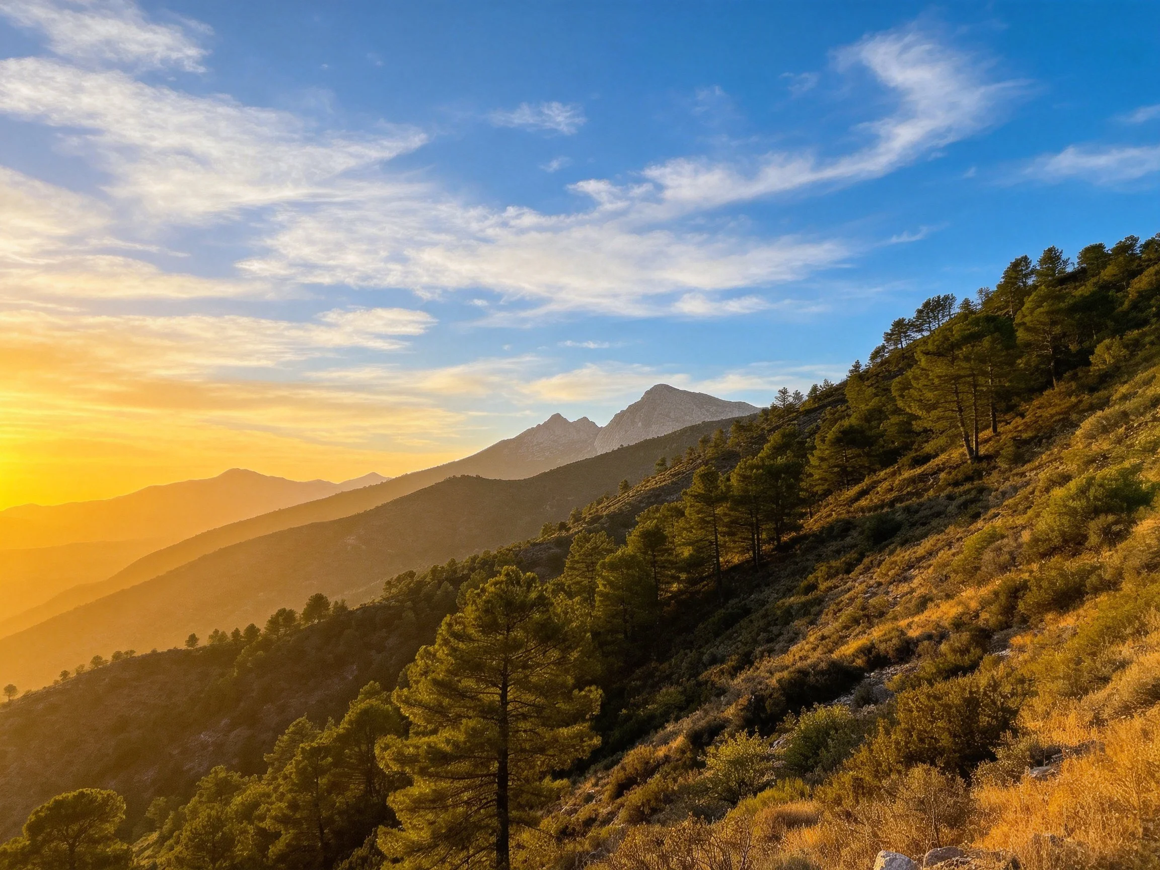 Golden-hued mountain slope with pine trees and distant peaks