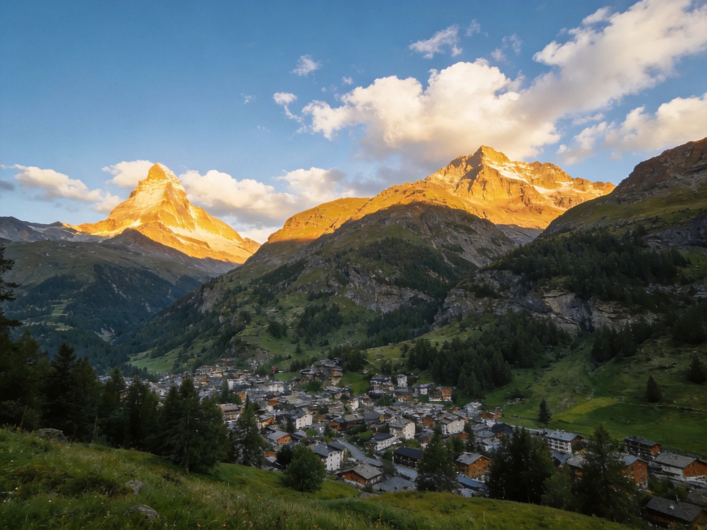 Golden-hued mountains overlook a quaint alpine village