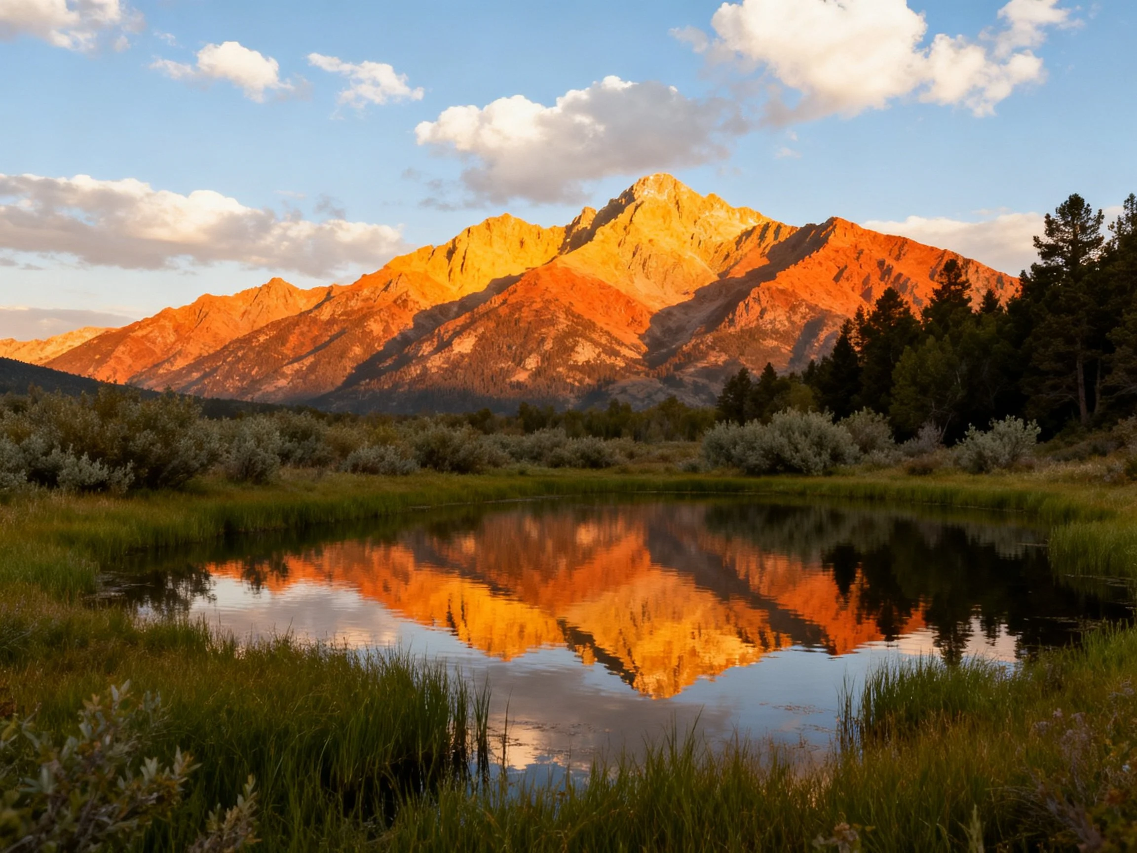 Golden-hued mountains reflect in a serene lake with surrounding greenery