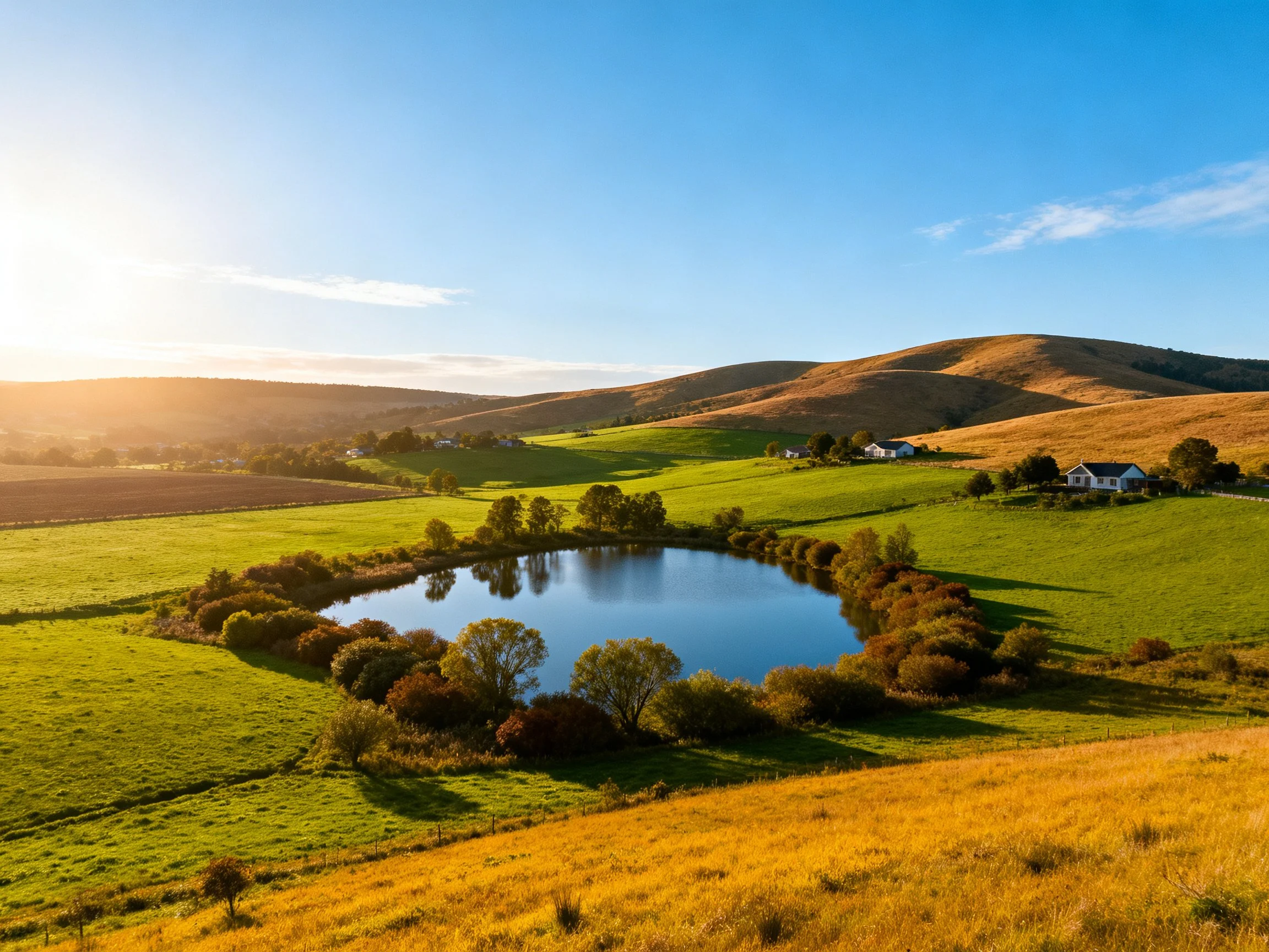 Golden-hued rolling hills encircle a serene blue pond in sunlit countryside.