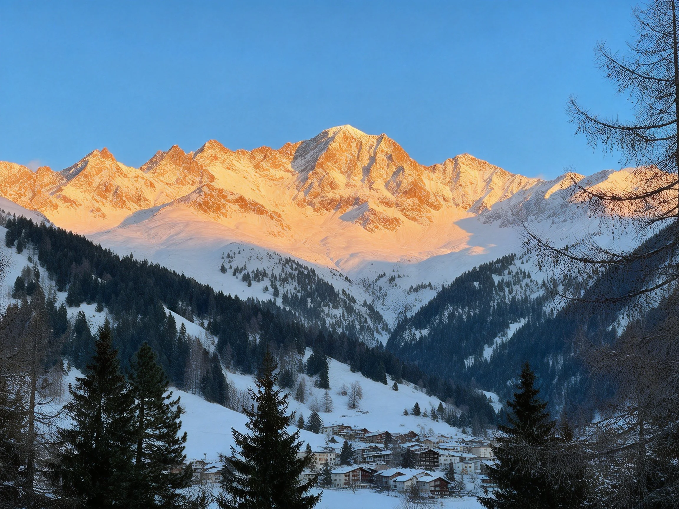 Golden-hued snow-capped mountains over forested snowy valley