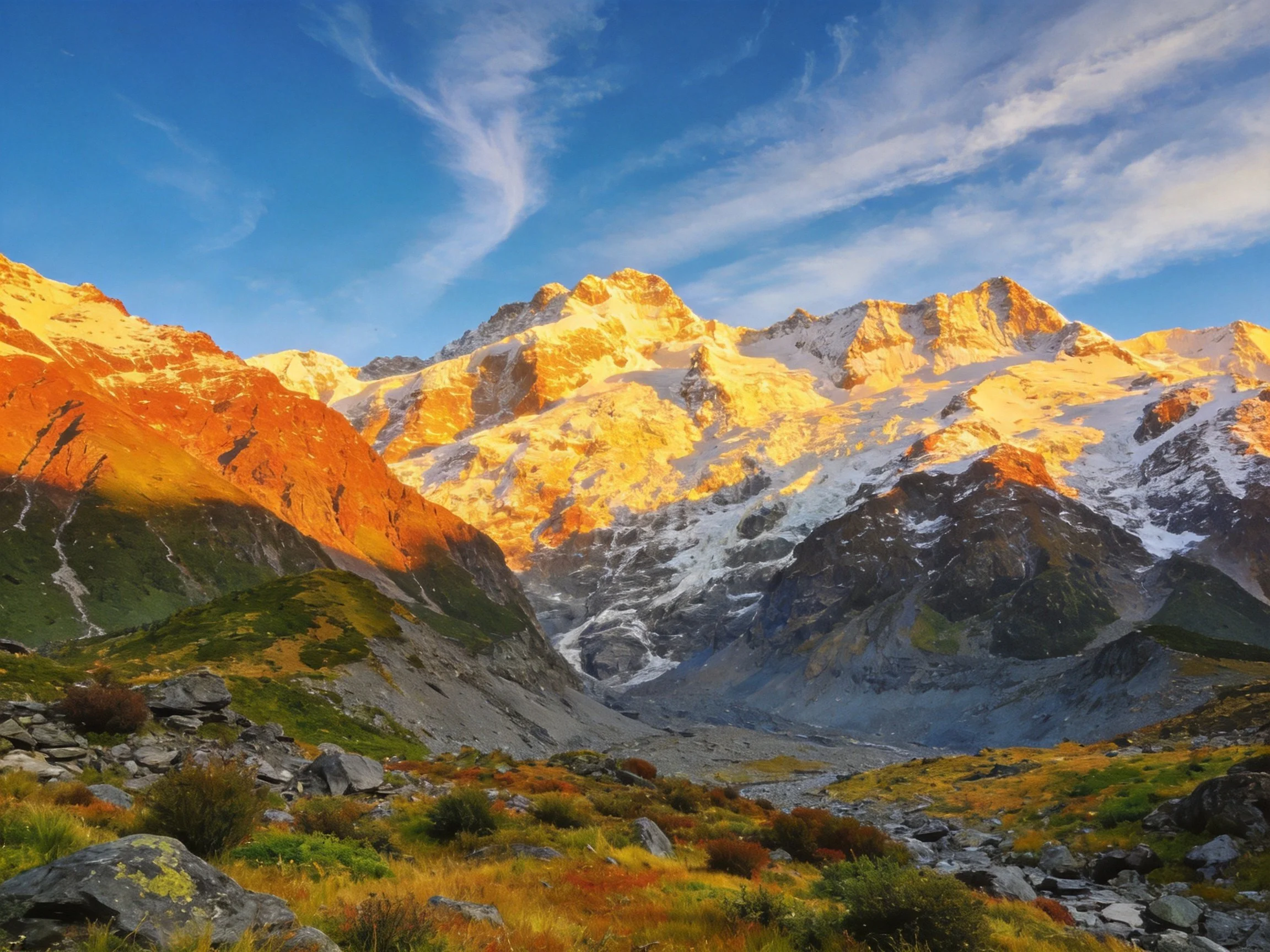 Golden-hued snow-capped mountains with rocky valley terrain
