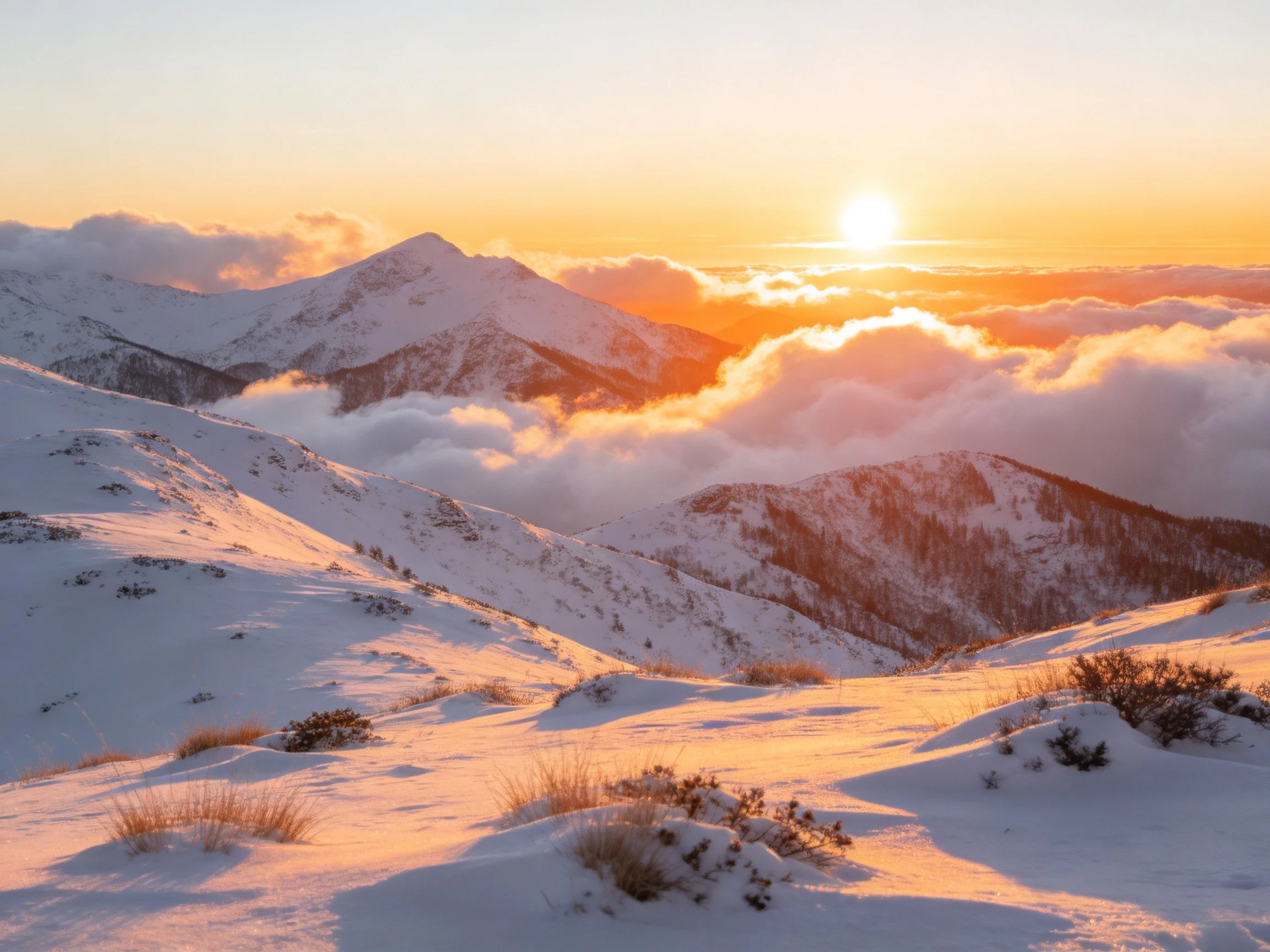 Golden-hued sunset illuminates snow-laden mountain peaks
