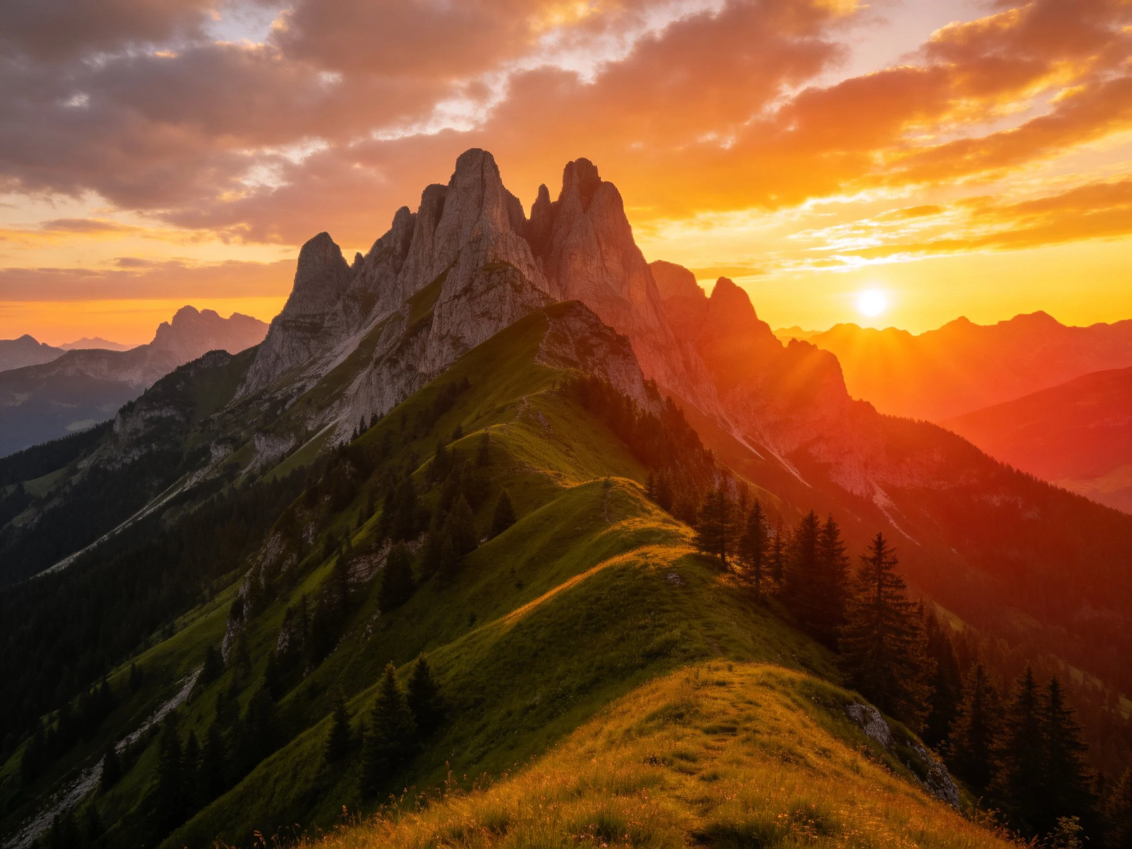 Golden-hued sunset over jagged mountain peaks and green slopes