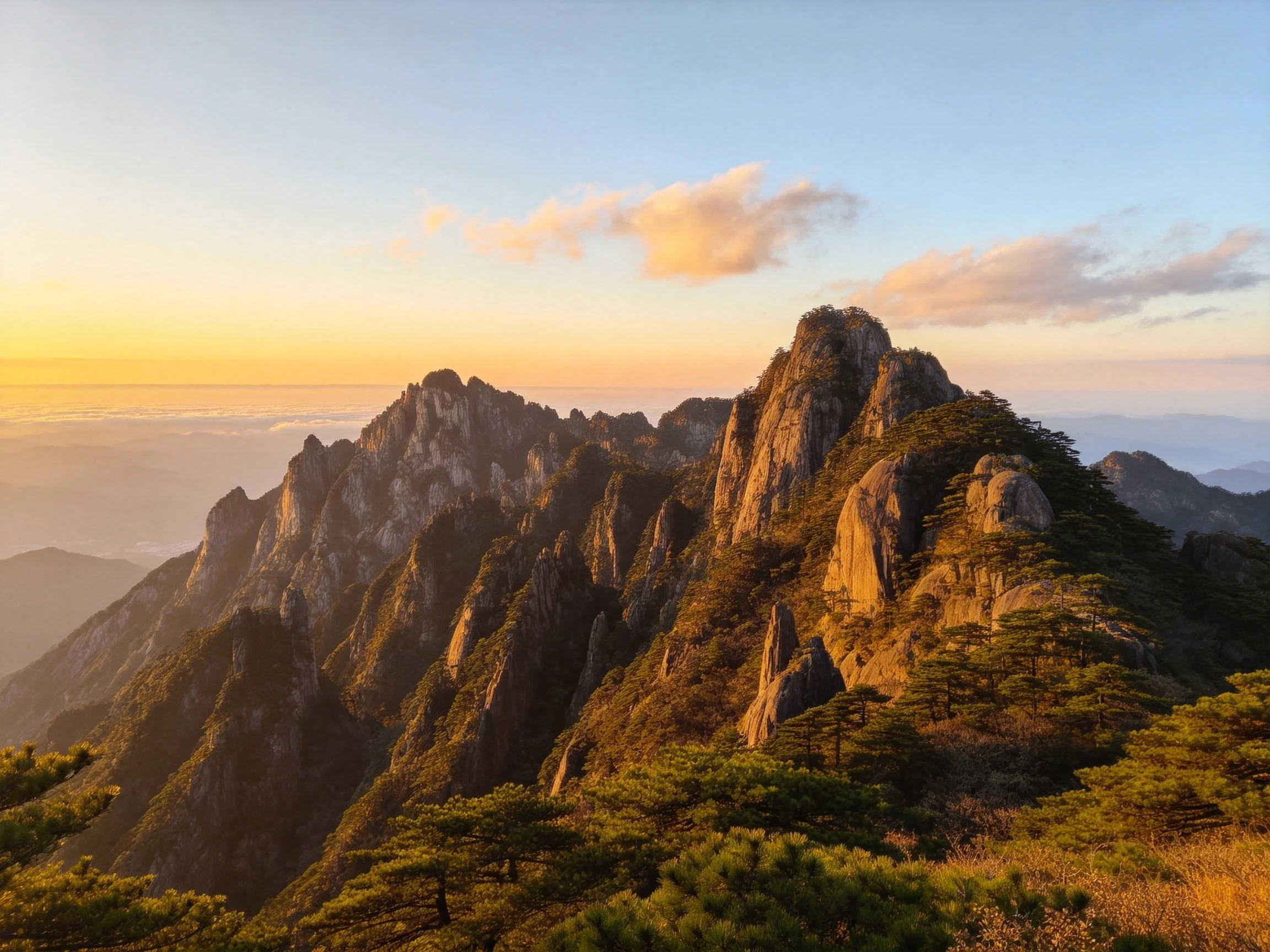 Golden-hued sunset over rugged mountain peaks with lush greenery
