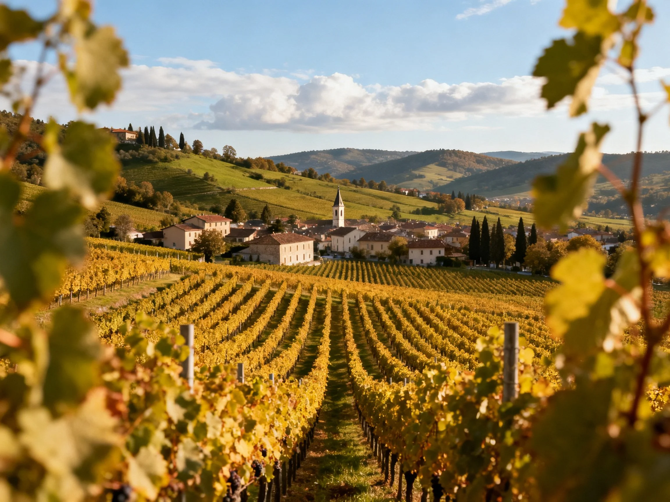 Golden-hued vineyard rows leading to a quaint village among rolling hills