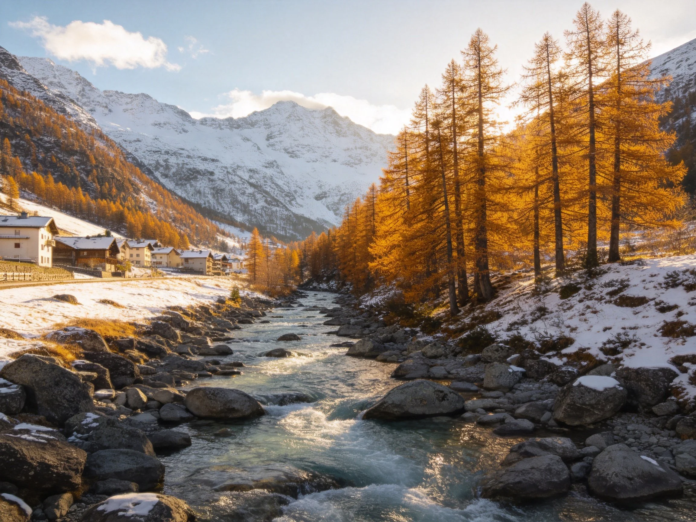 Golden larch trees border a rocky stream near snow - covered mountains