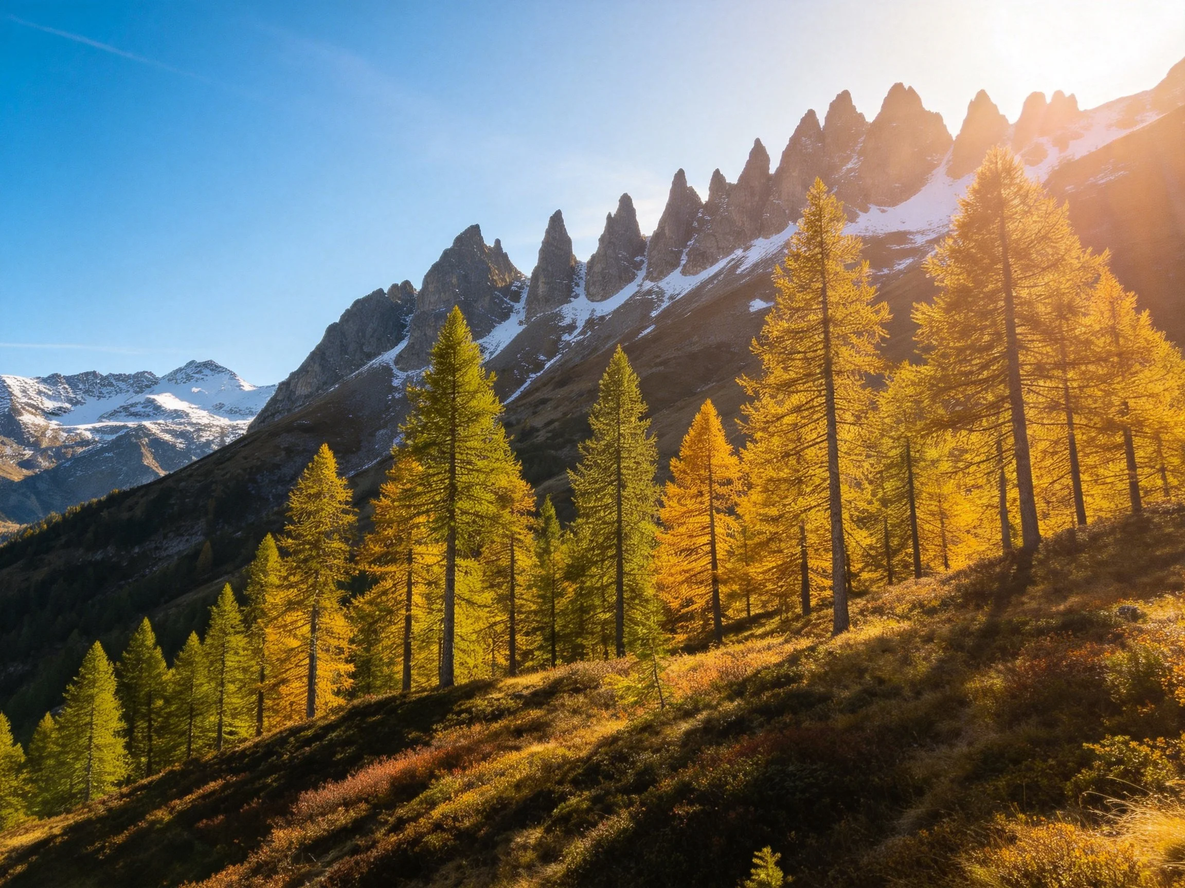 Golden larch trees near sharp, snow-capped mountain peaks