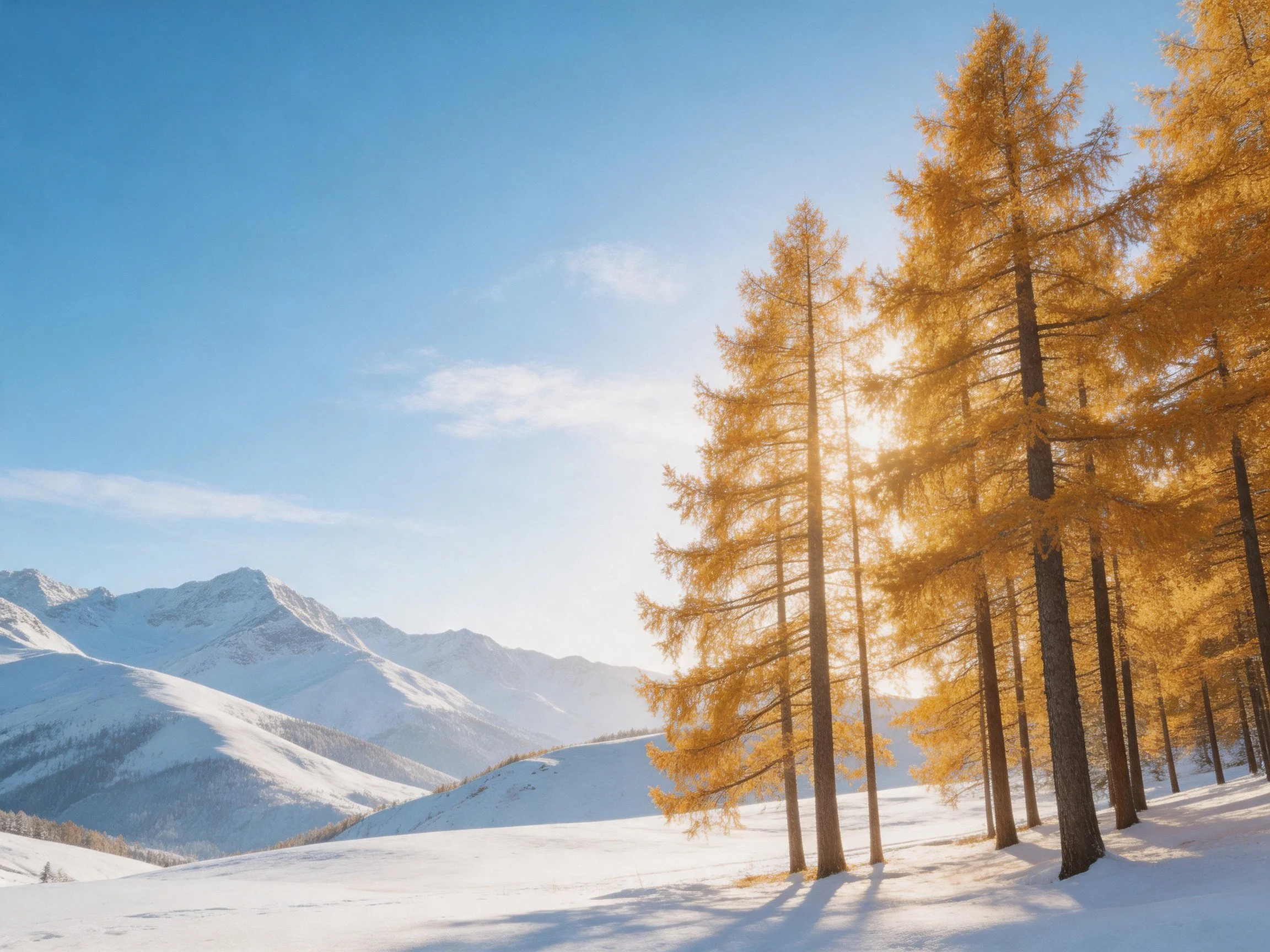 Golden larches amid snow-covered hills and distant mountains