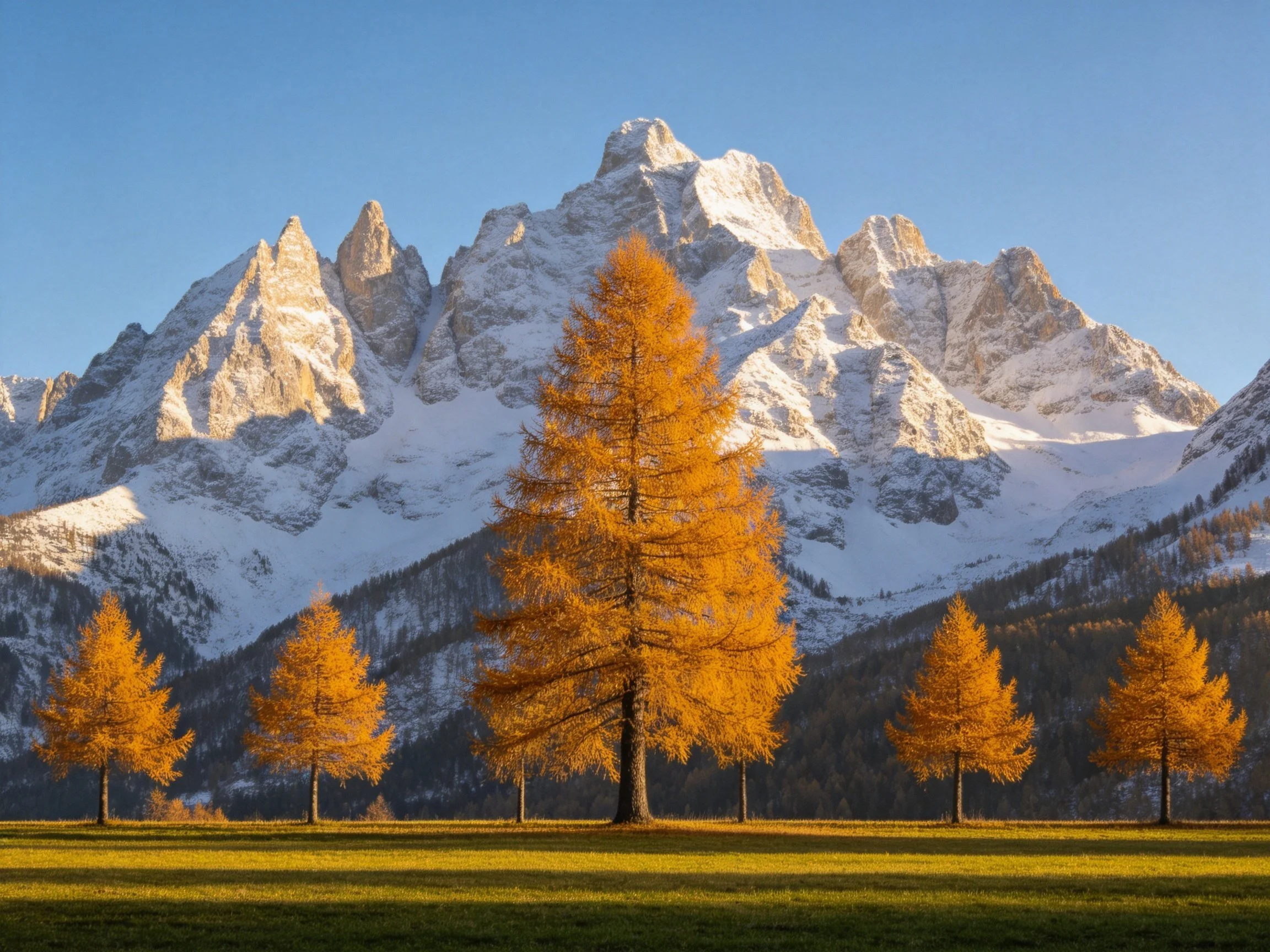 Golden larches stand before majestic snow-capped peaks under a clear blue sky.