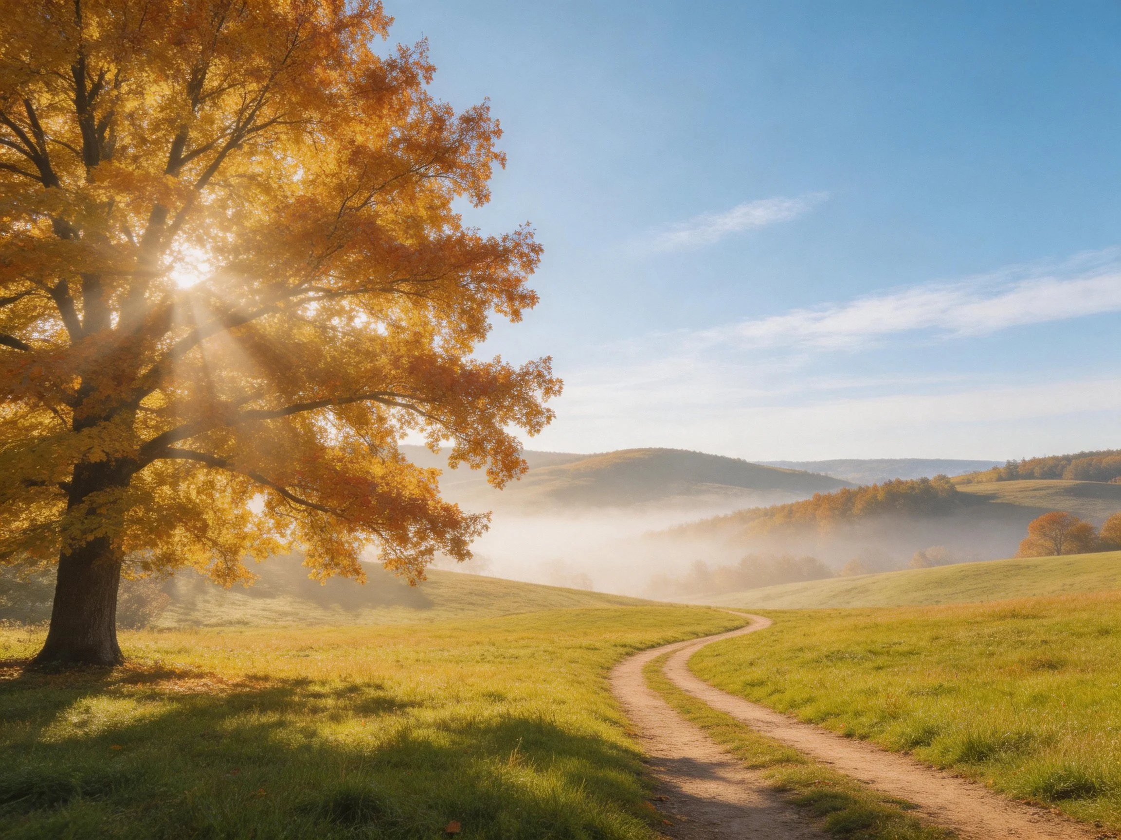 Golden-leaved tree beside winding dirt path in misty autumn countryside