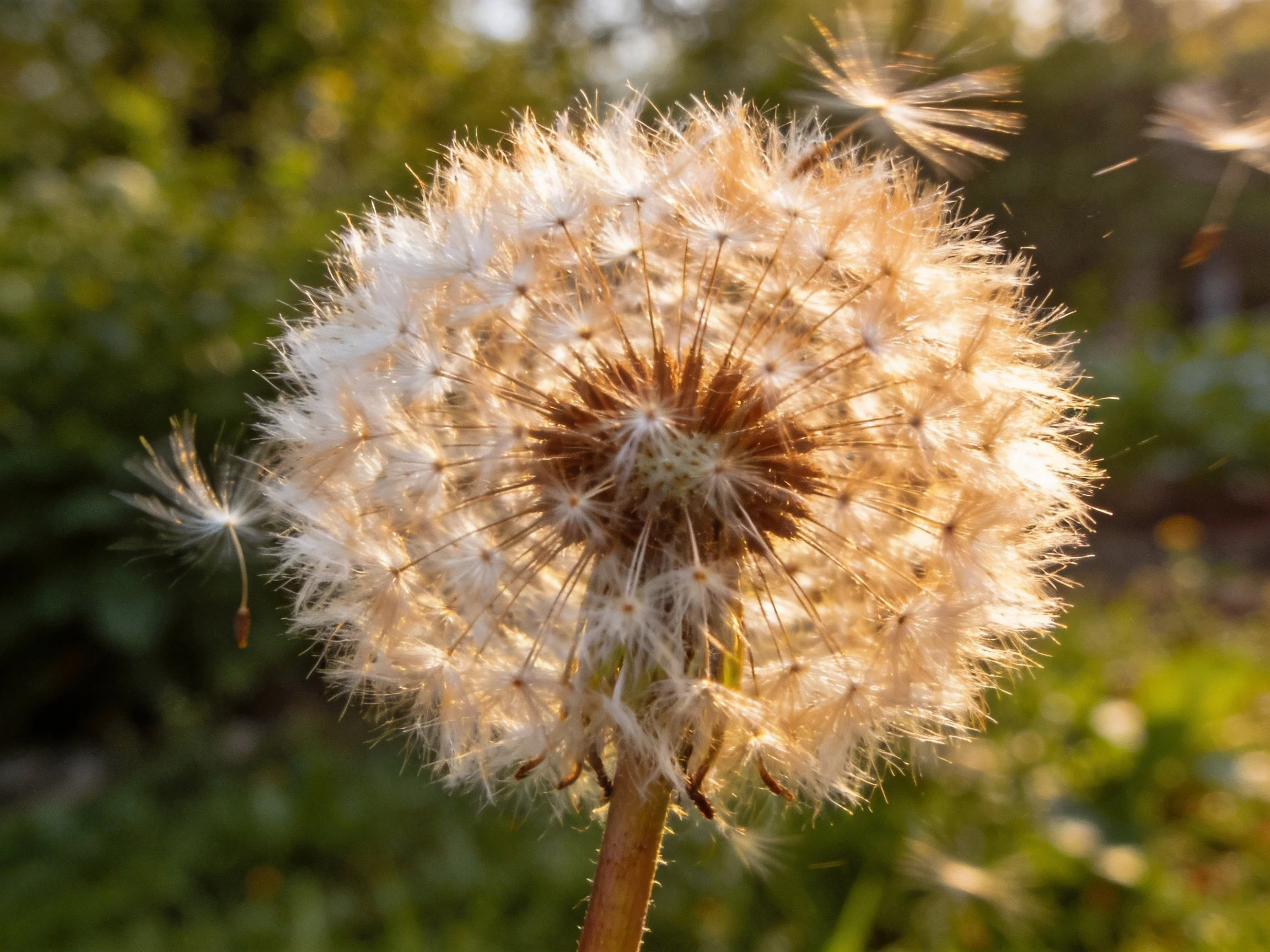 Golden-lit dandelion seed head with dispersing filaments