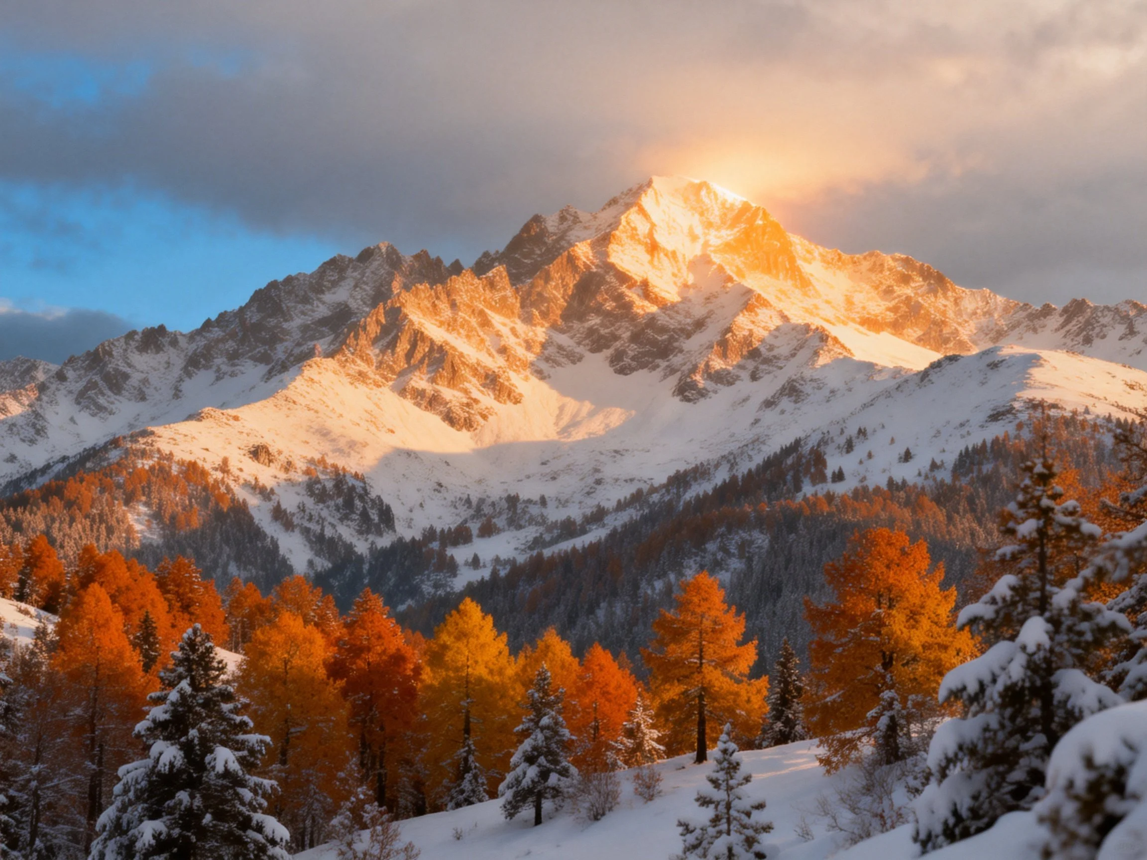 Golden-lit snow-capped mountain with autumn forest below