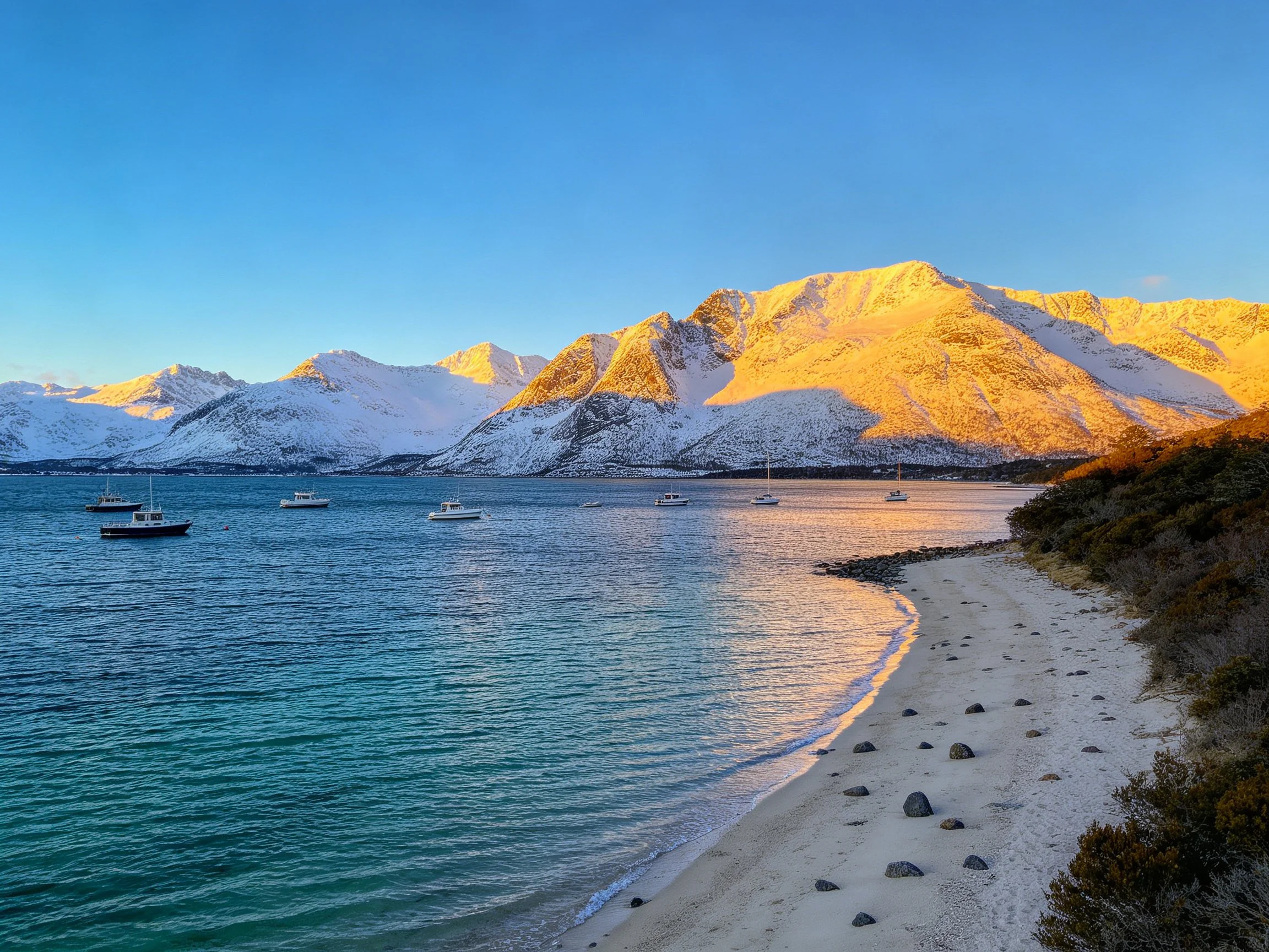 Golden-lit snowy mountains overlook turquoise bay with boats