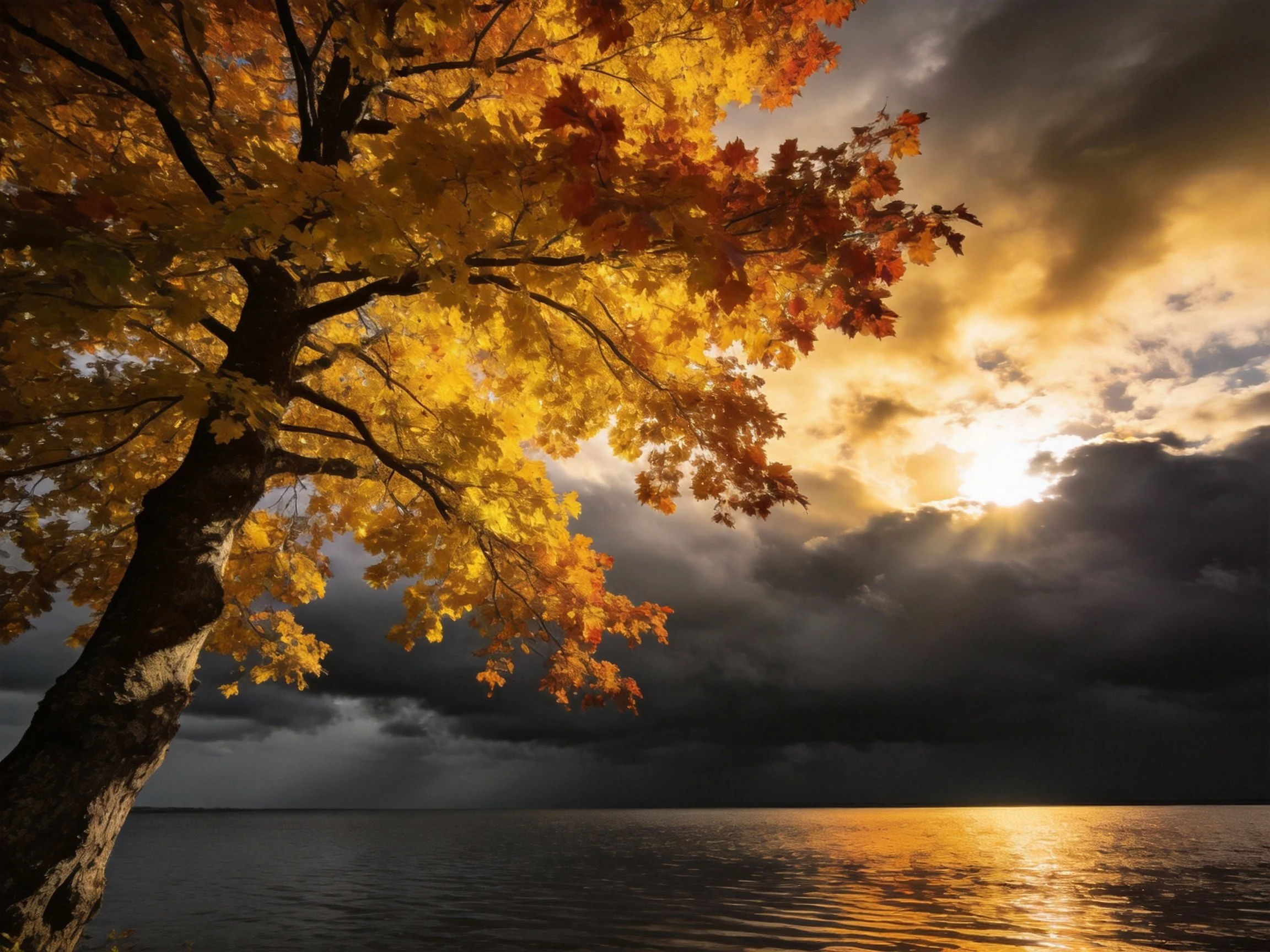 Golden maple tree beside stormy lake under dramatic sky