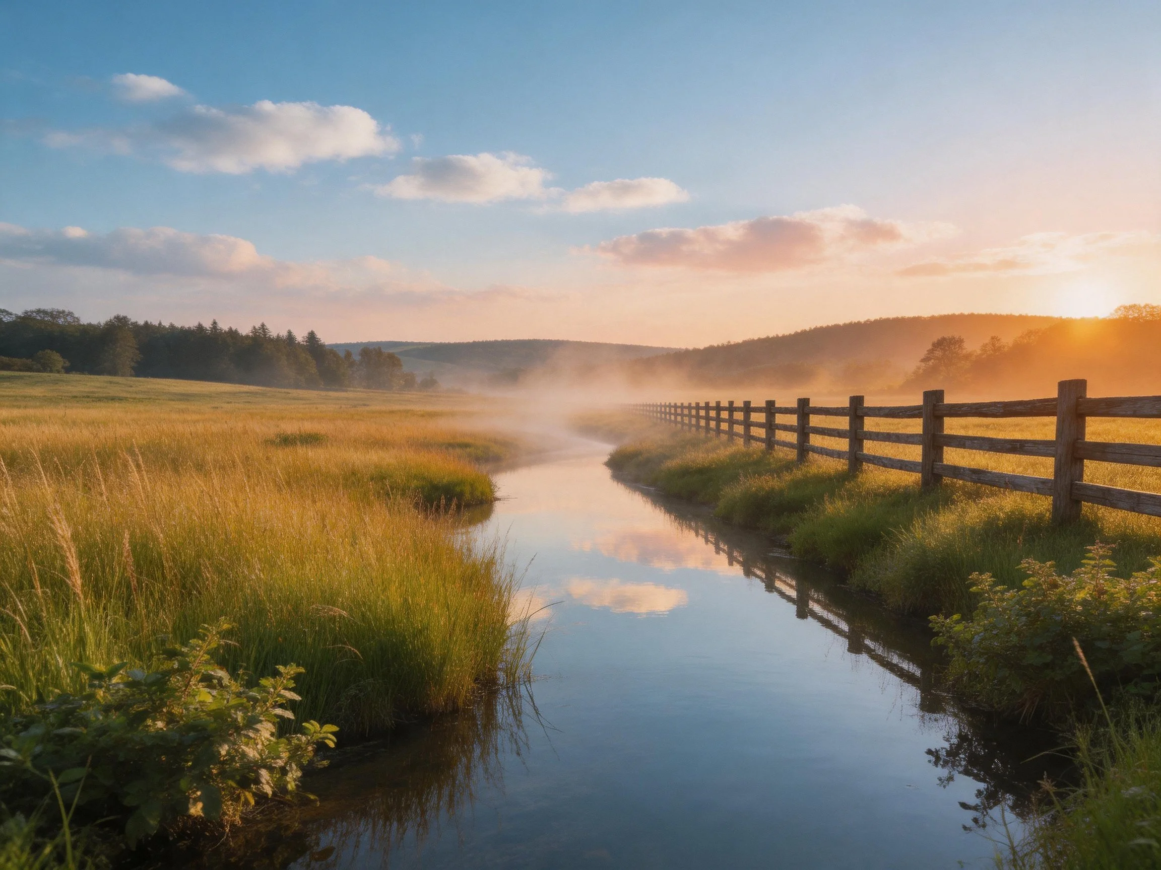 Golden meadow, winding stream, wooden fence at sunrise