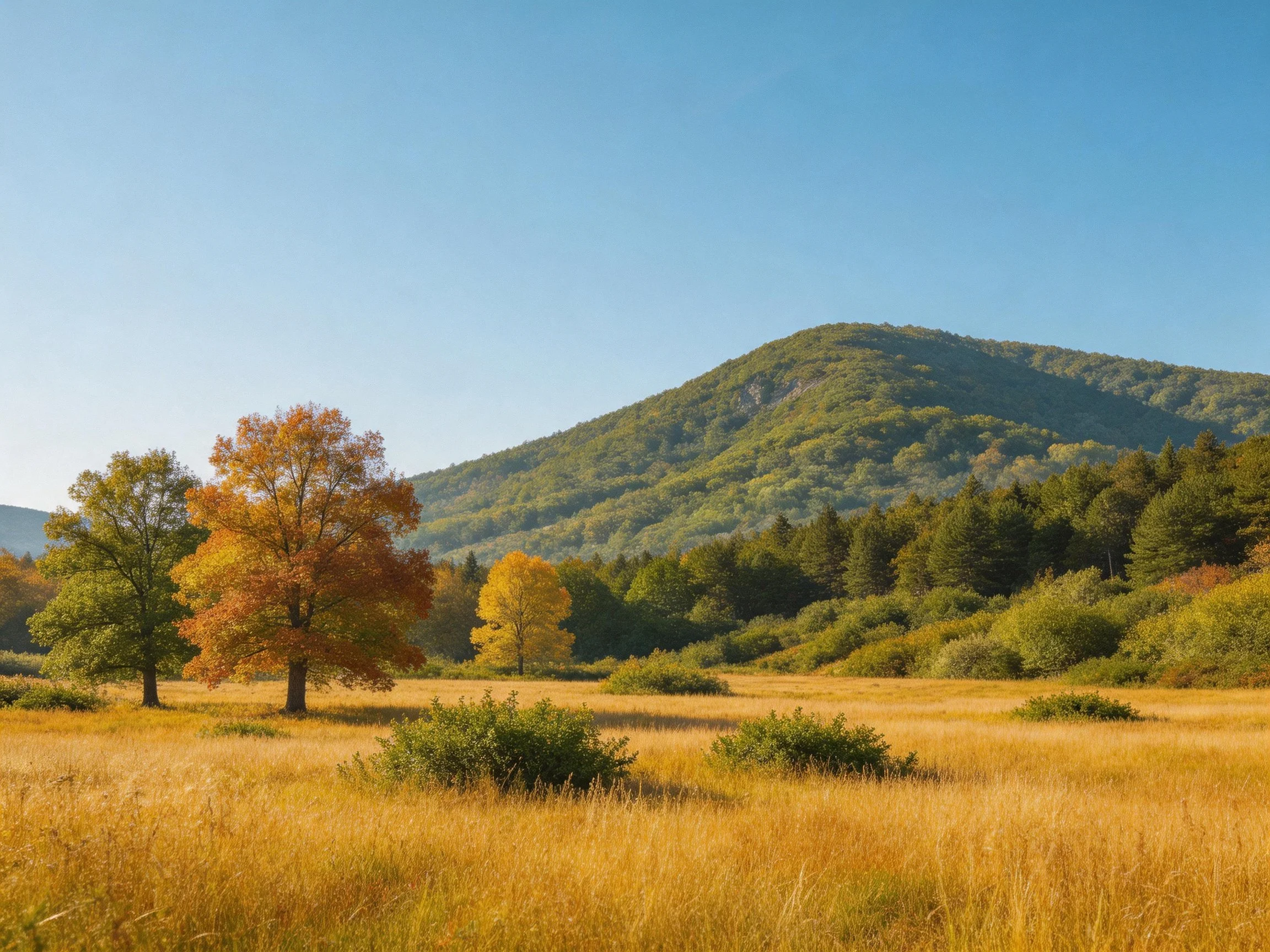 Golden meadow with autumn trees and green mountain backdrop