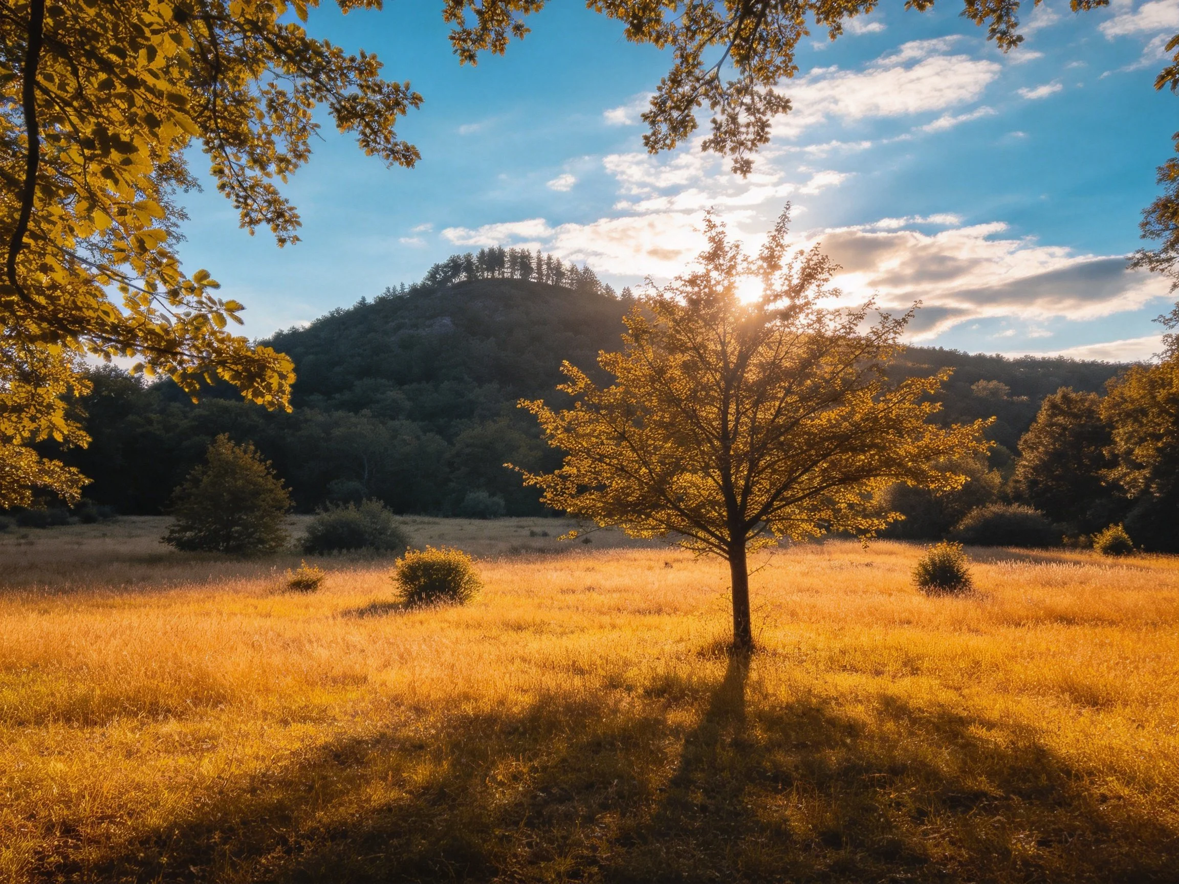 Golden meadow with central tree, mountainous backdrop under sunny sky